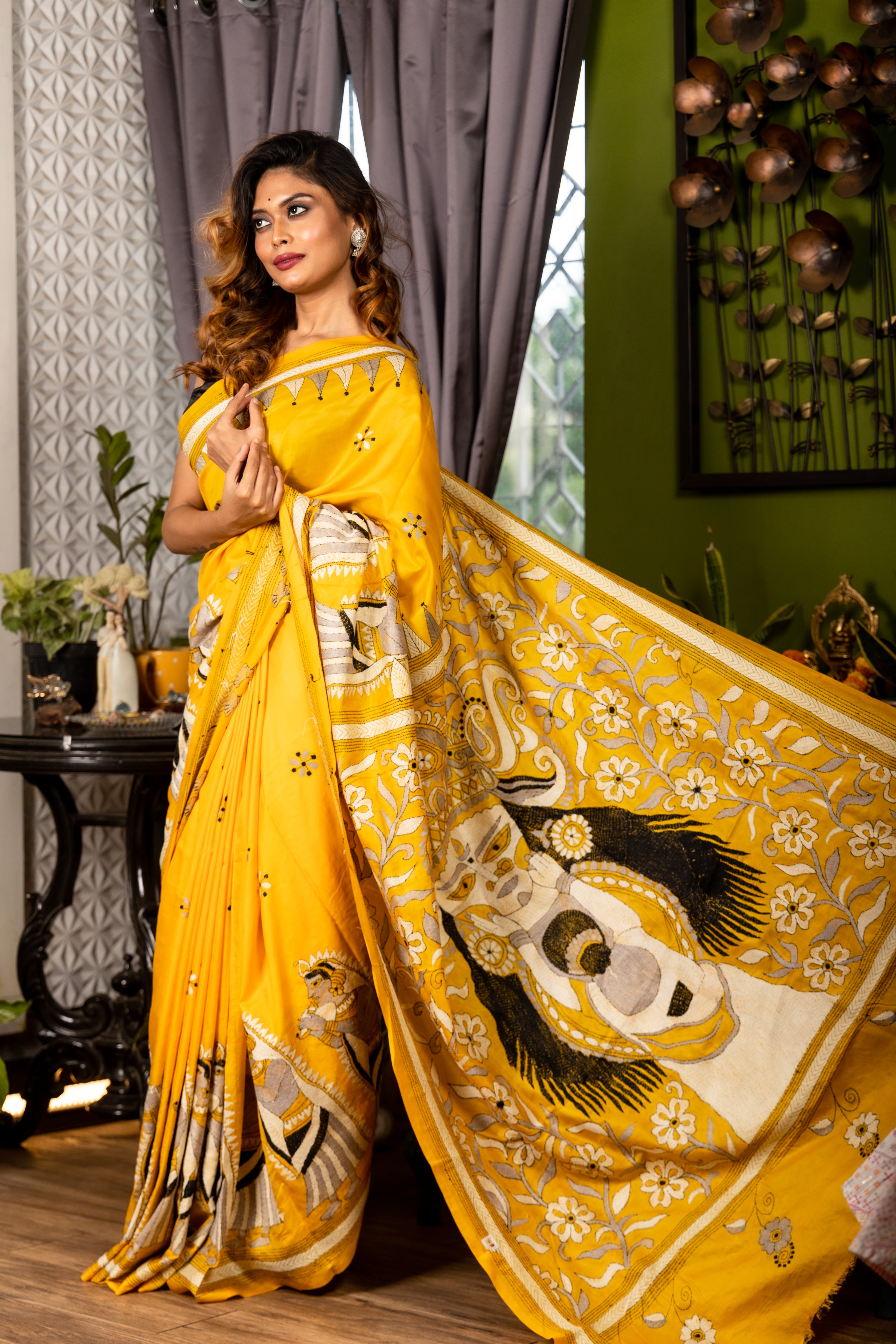 Boron || Mustard Yellow Pure Bangalore Silk Kantha Stitch Embroidery Saree with all over Grey, Black & White Resham Buta, 'Durga Puja' theme Border and 'Durga Boron' theme Pallu