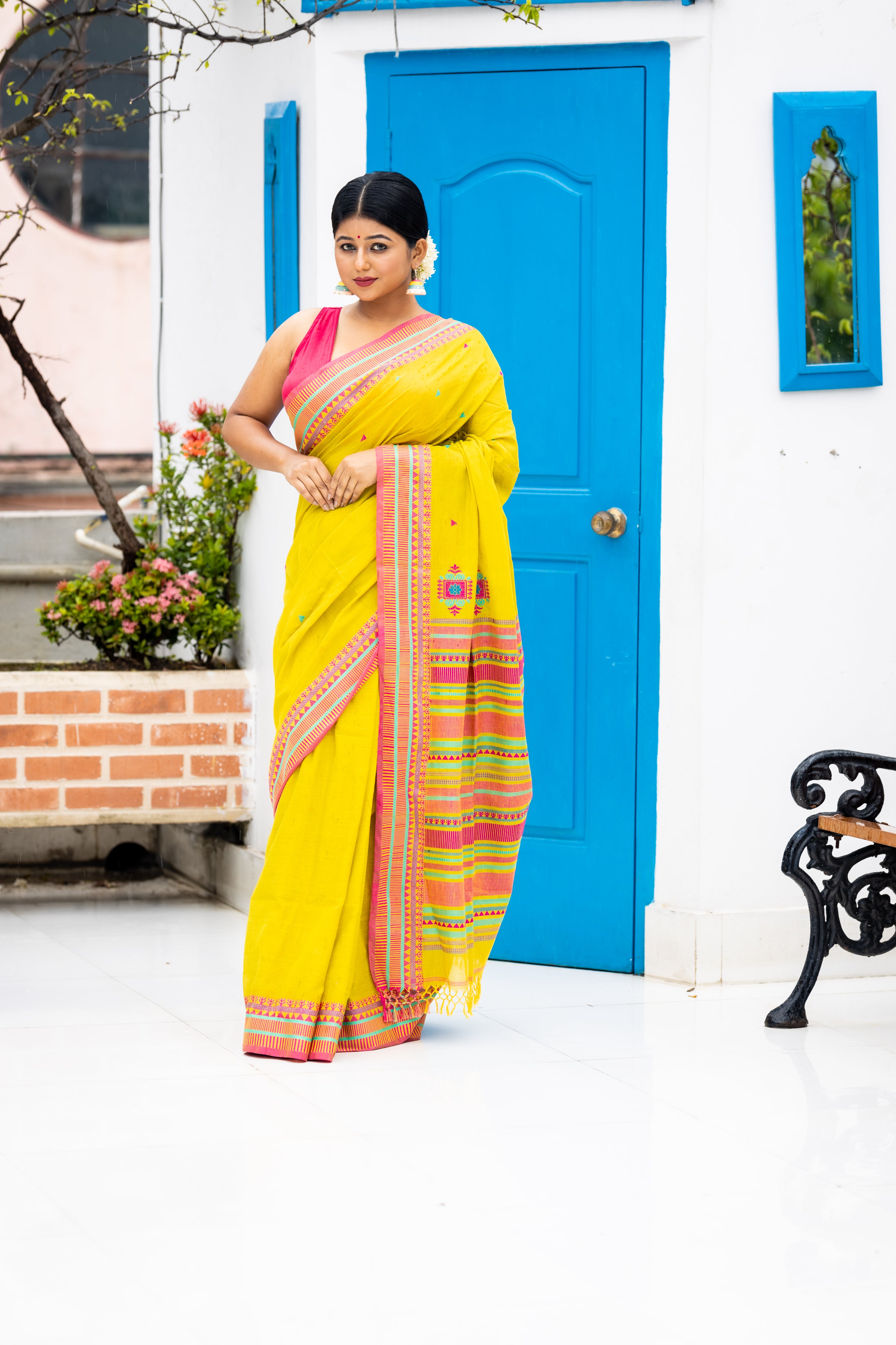 Sushmita || Light Olive Green Khadi Cotton Bengal Handloom Saree with all over Multi-colour Triangle Buti and 'Chatai' design Border & Pallu