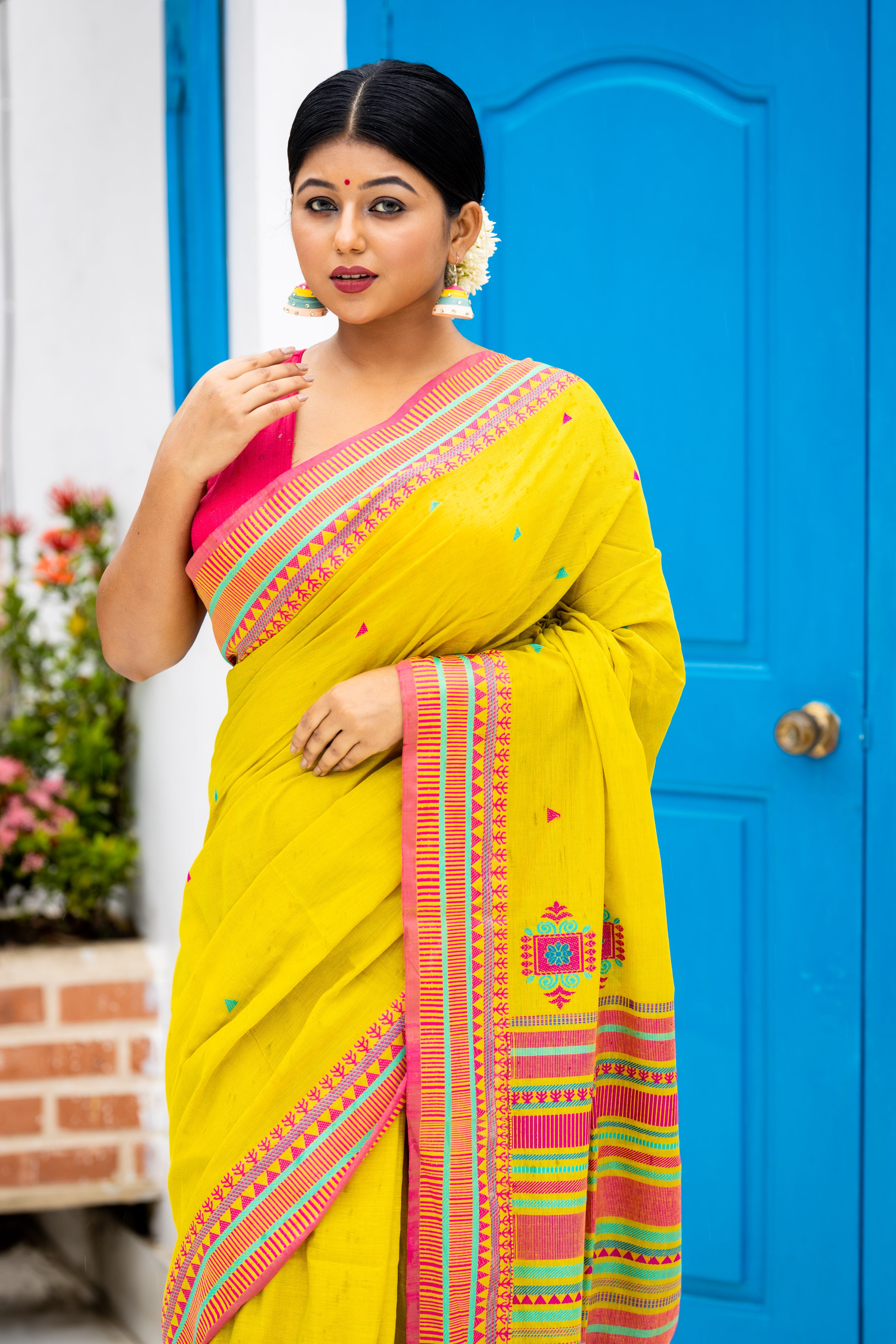 Sushmita || Light Olive Green Khadi Cotton Bengal Handloom Saree with all over Multi-colour Triangle Buti and 'Chatai' design Border & Pallu