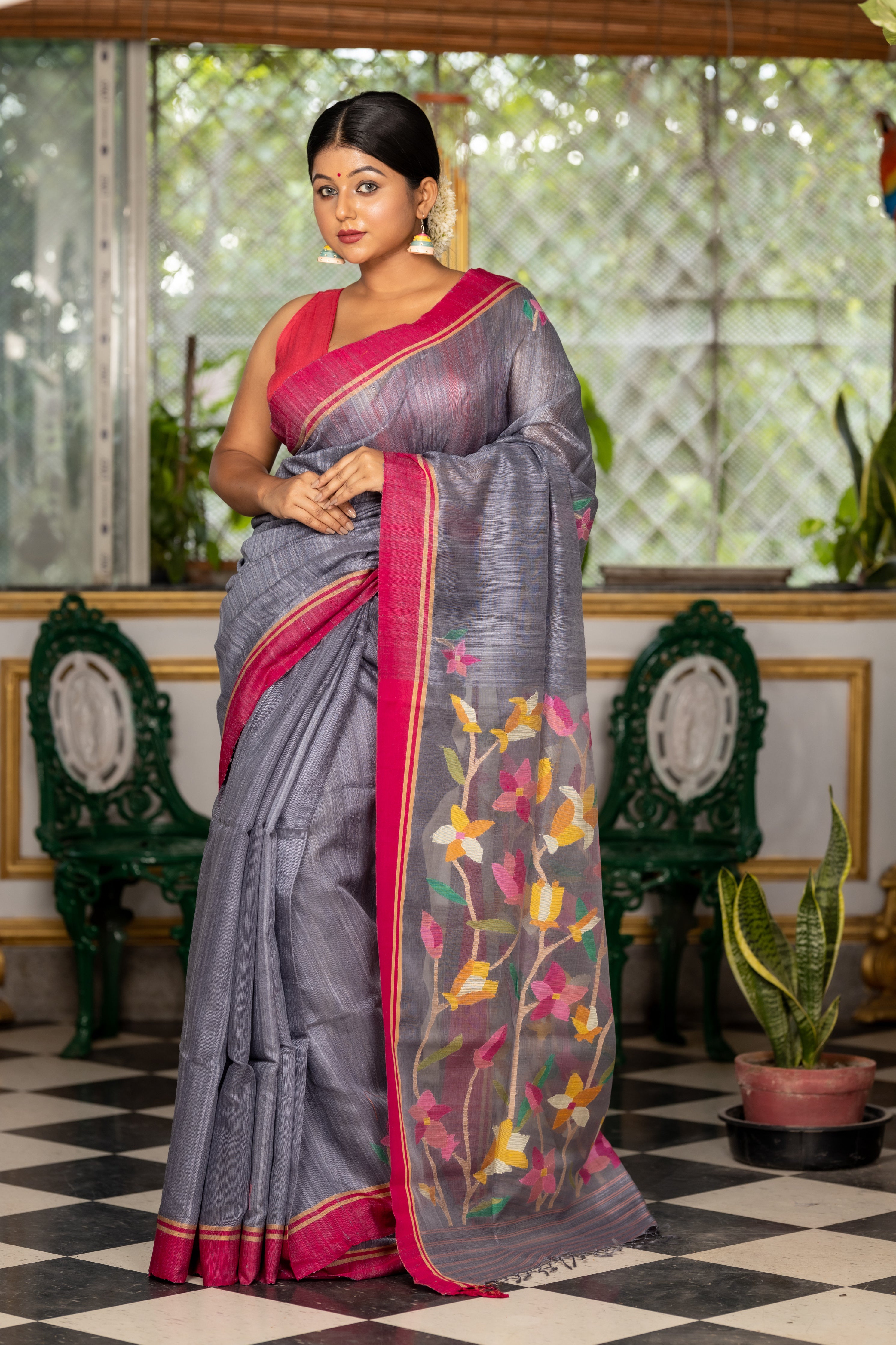 Pushpika || Steel Grey Premium 'Matka-Muslin' Bengal Handloom Saree with all over Multi-colour Floral 'Tantuja' Jamdani Buta on Matka body & Muslin Pallu