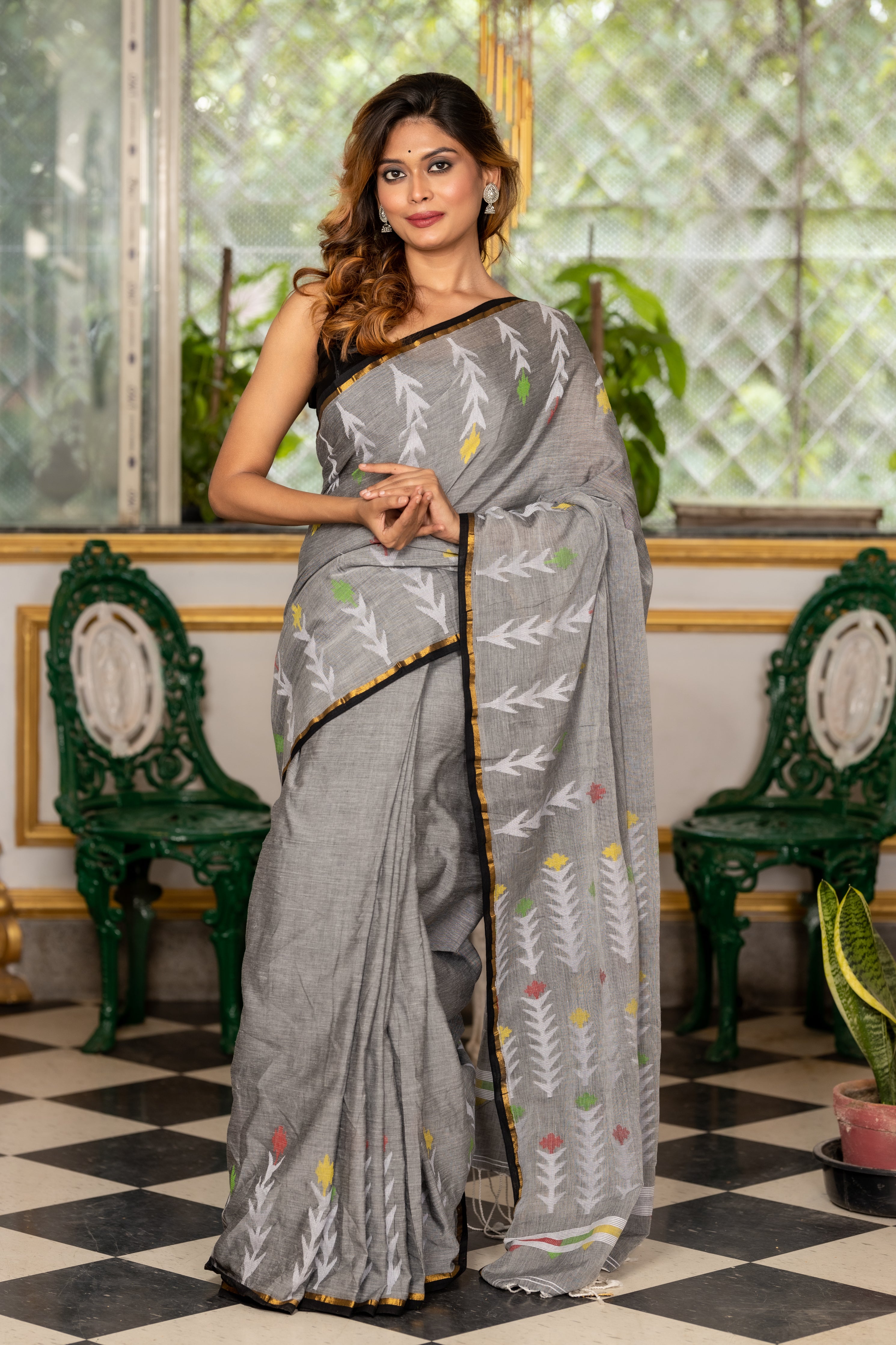 Meghbalika || Steel Grey Cotton Bengal Handloom Saree with Plain Body, sleek Black & Antique Gold Zari with Multi-colour Floral Jamdani Border and Pallu