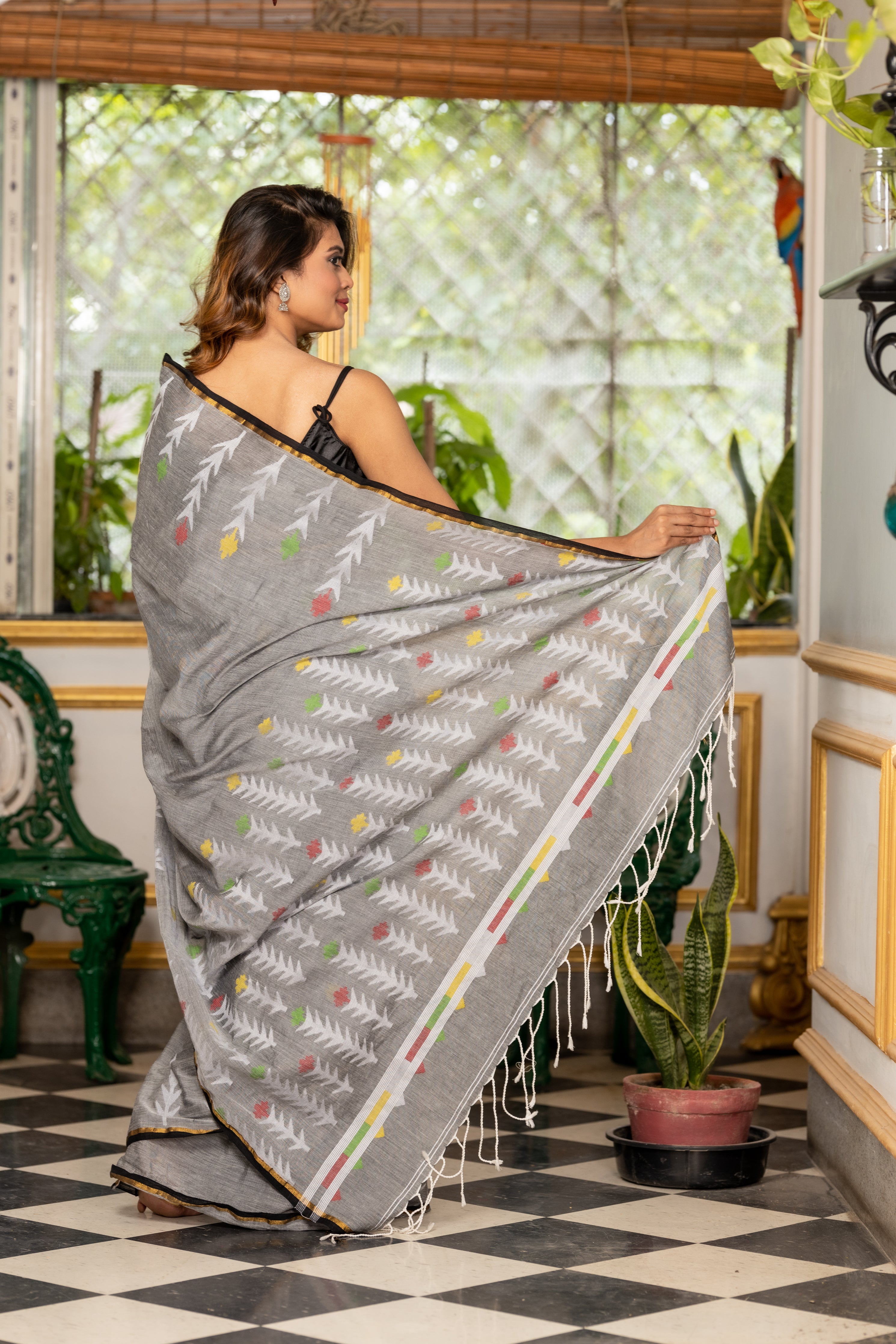 Meghbalika || Steel Grey Cotton Bengal Handloom Saree with Plain Body, sleek Black & Antique Gold Zari with Multi-colour Floral Jamdani Border and Pallu