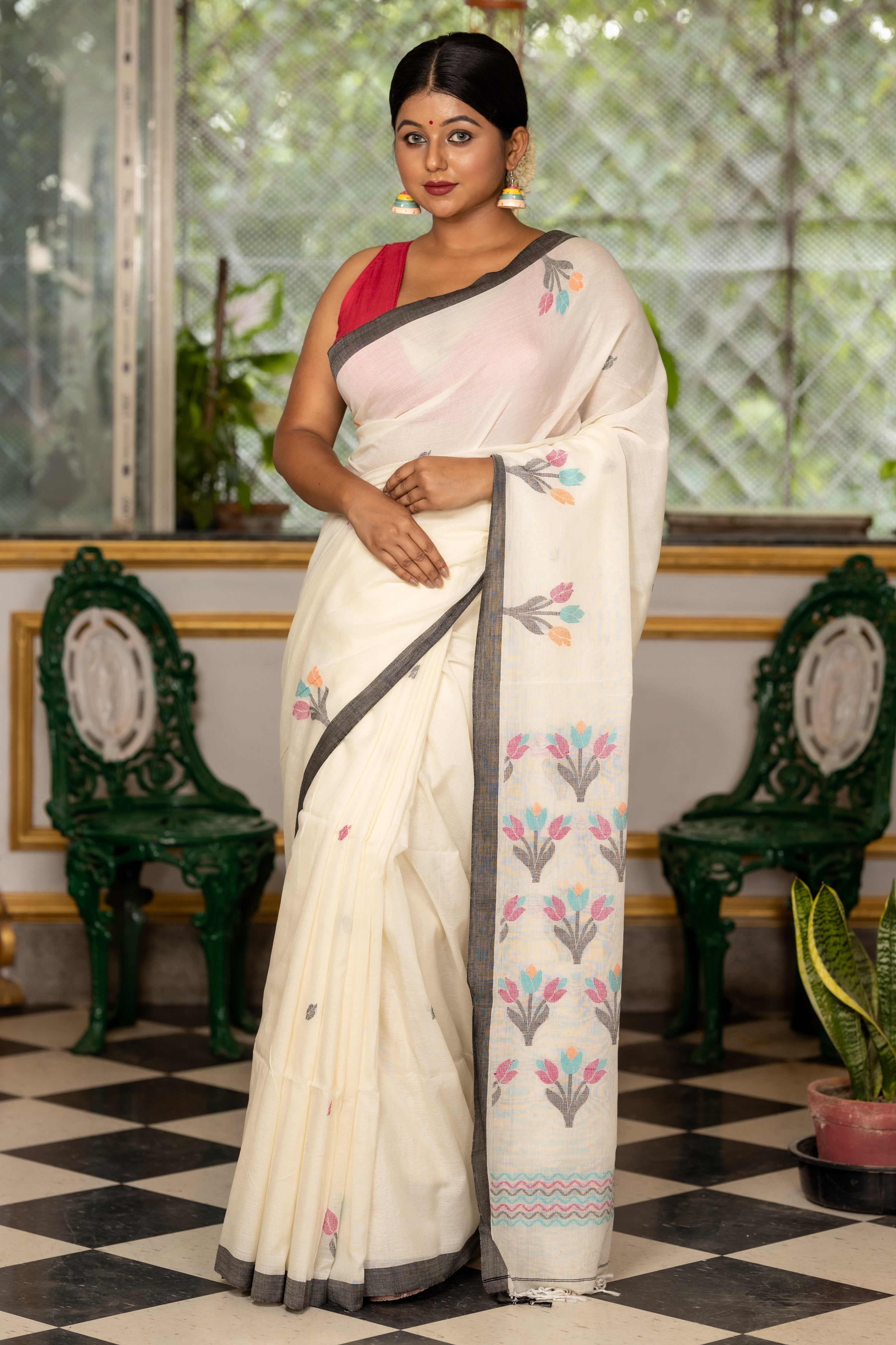 Tuhina || Off-White  Khadi Cotton Bengal Handloom Saree with all over Multi-colour 'Leaf' motif Jamdani Buti, 'Tulip' motif with Plain Black Border and Pallu