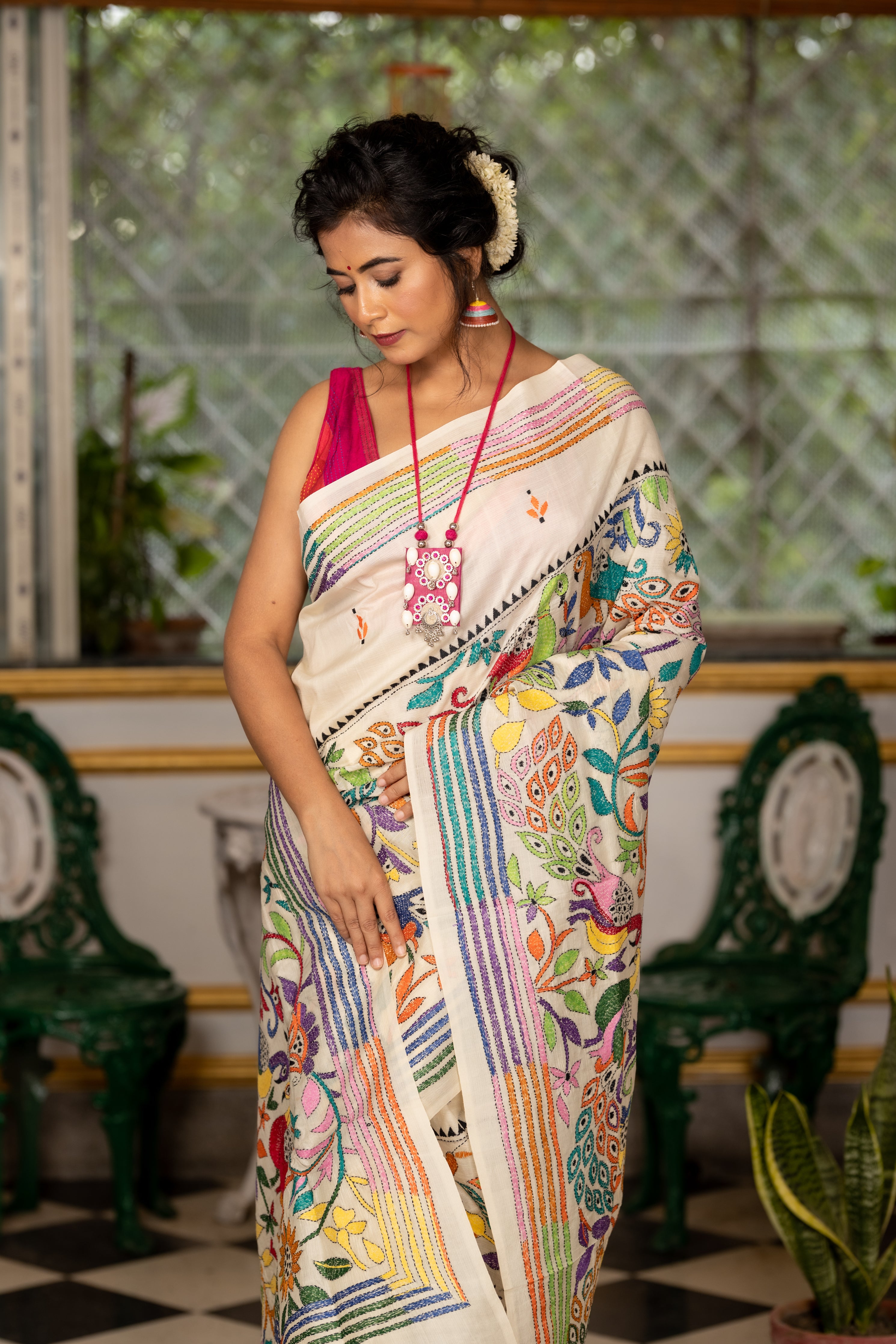 Mayuri || Off-White Pure Tussar Silk Handloom Kantha Stitch Embroidery Saree with half & half Multi-colour Buta, 'Peacock' theme & Floral motif