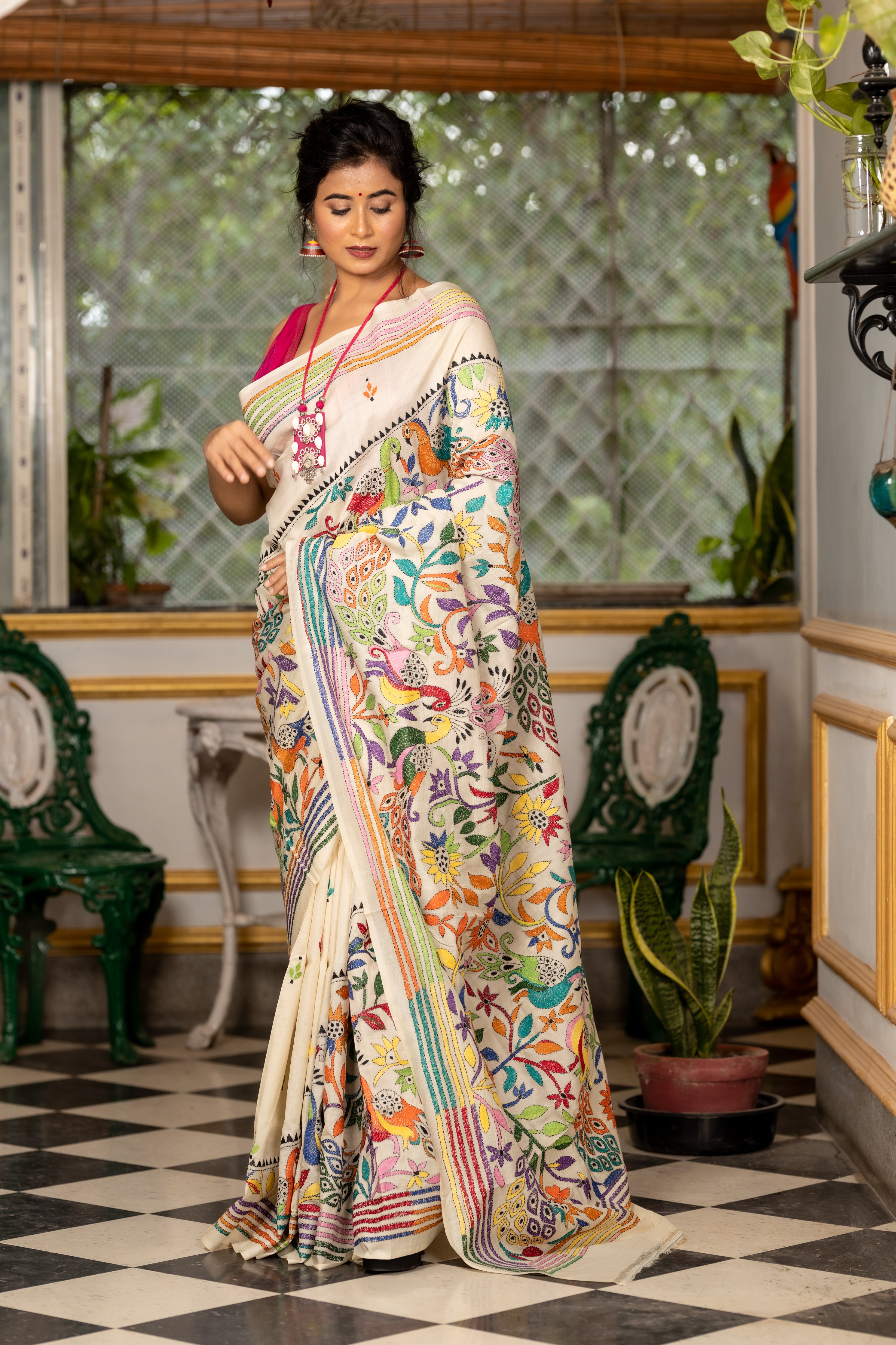 Mayuri || Off-White Pure Tussar Silk Handloom Kantha Stitch Embroidery Saree with half & half Multi-colour Buta, 'Peacock' theme & Floral motif