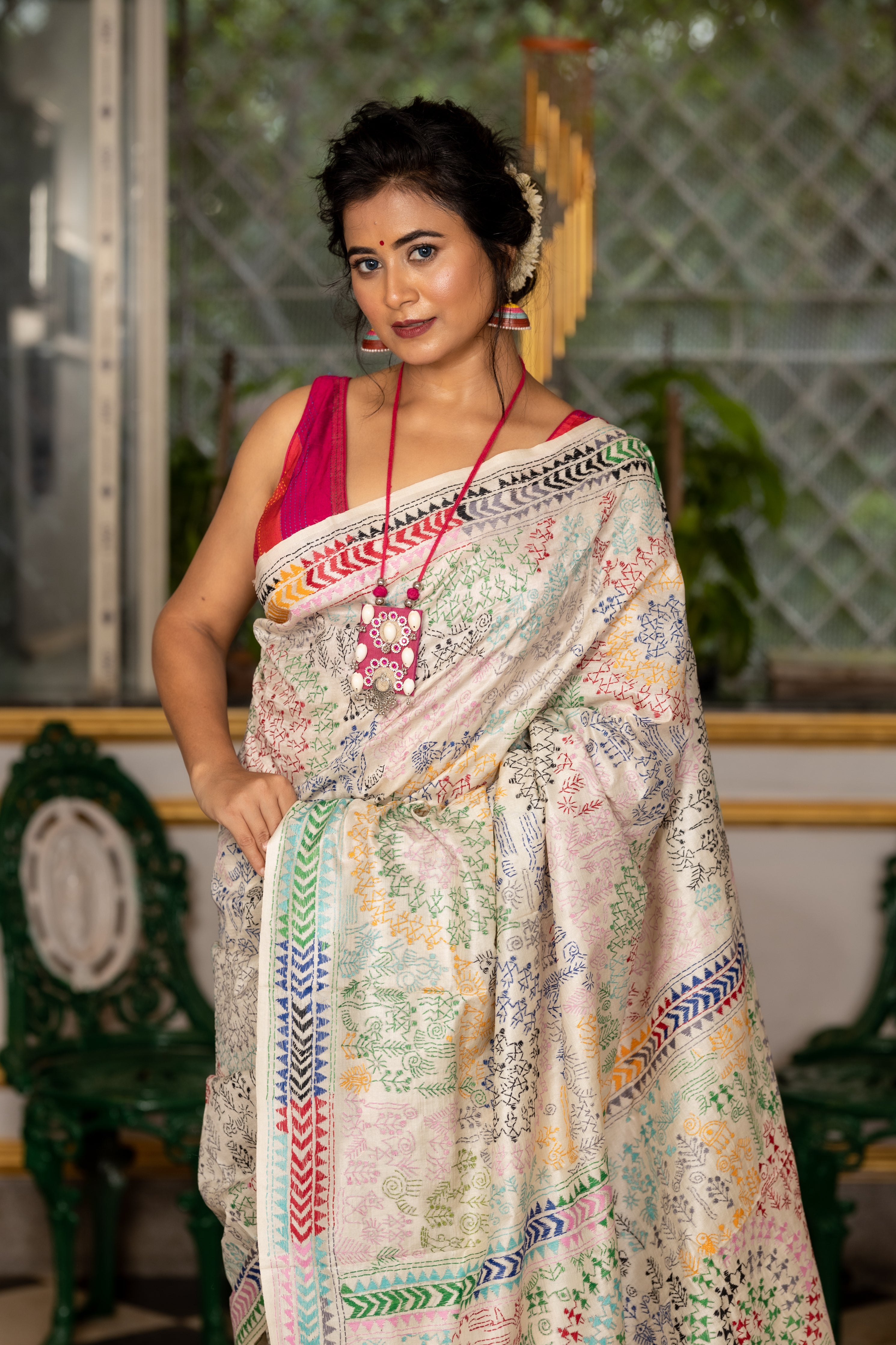 Binodini || Off-White Pure Tussar Silk Handloom Kantha Stitch Embroidery Saree with all over Multi-colour 'Warli' theme figures