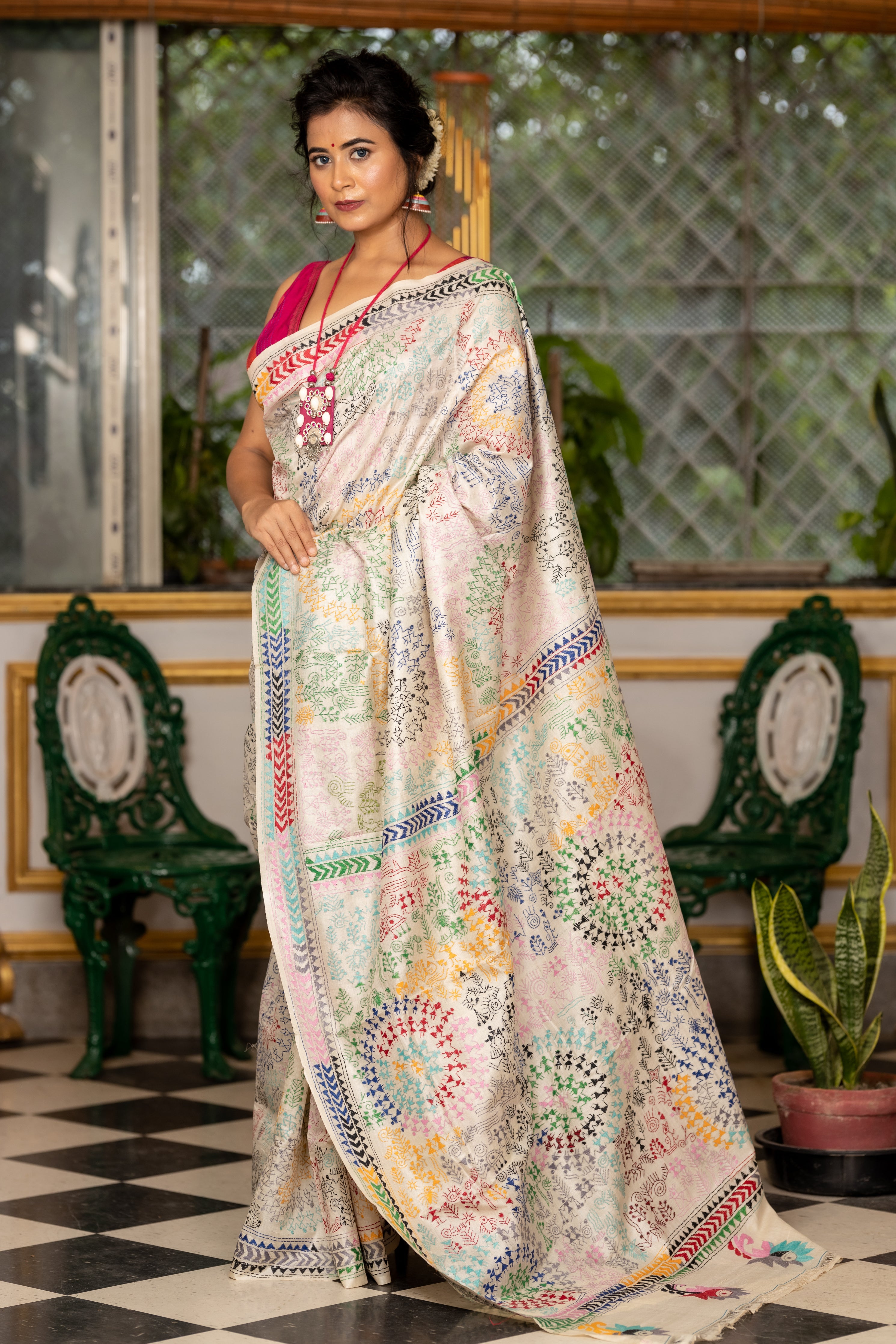 Binodini || Off-White Pure Tussar Silk Handloom Kantha Stitch Embroidery Saree with all over Multi-colour 'Warli' theme figures