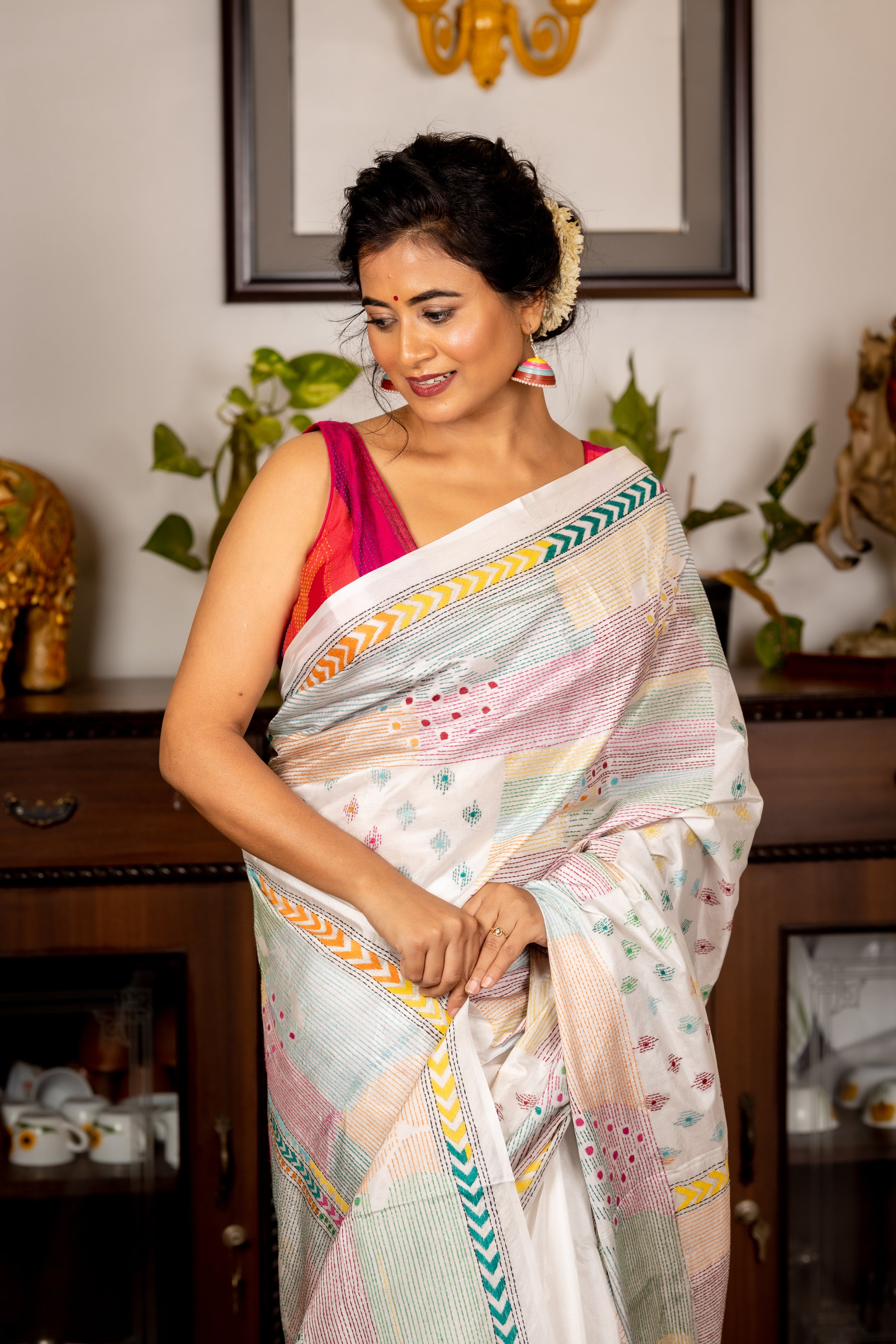 Kadambini || Milk White Blended Bangalore Silk Kantha Stitch Embroidery Saree with Multi-colour Abstract Buti & Stripe Blocks on Half body, Border & Pallu