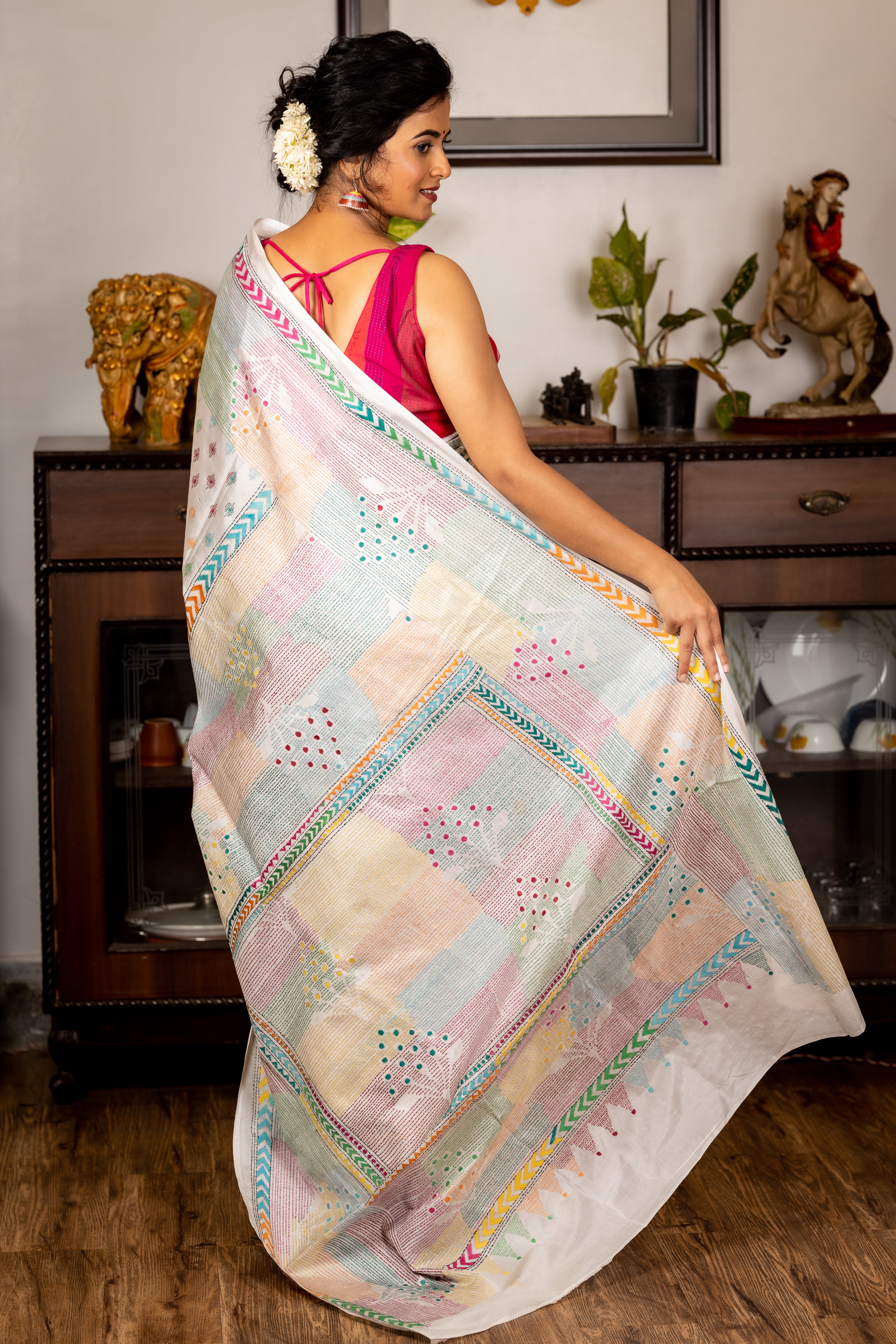 Kadambini || Milk White Blended Bangalore Silk Kantha Stitch Embroidery Saree with Multi-colour Abstract Buti & Stripe Blocks on Half body, Border & Pallu