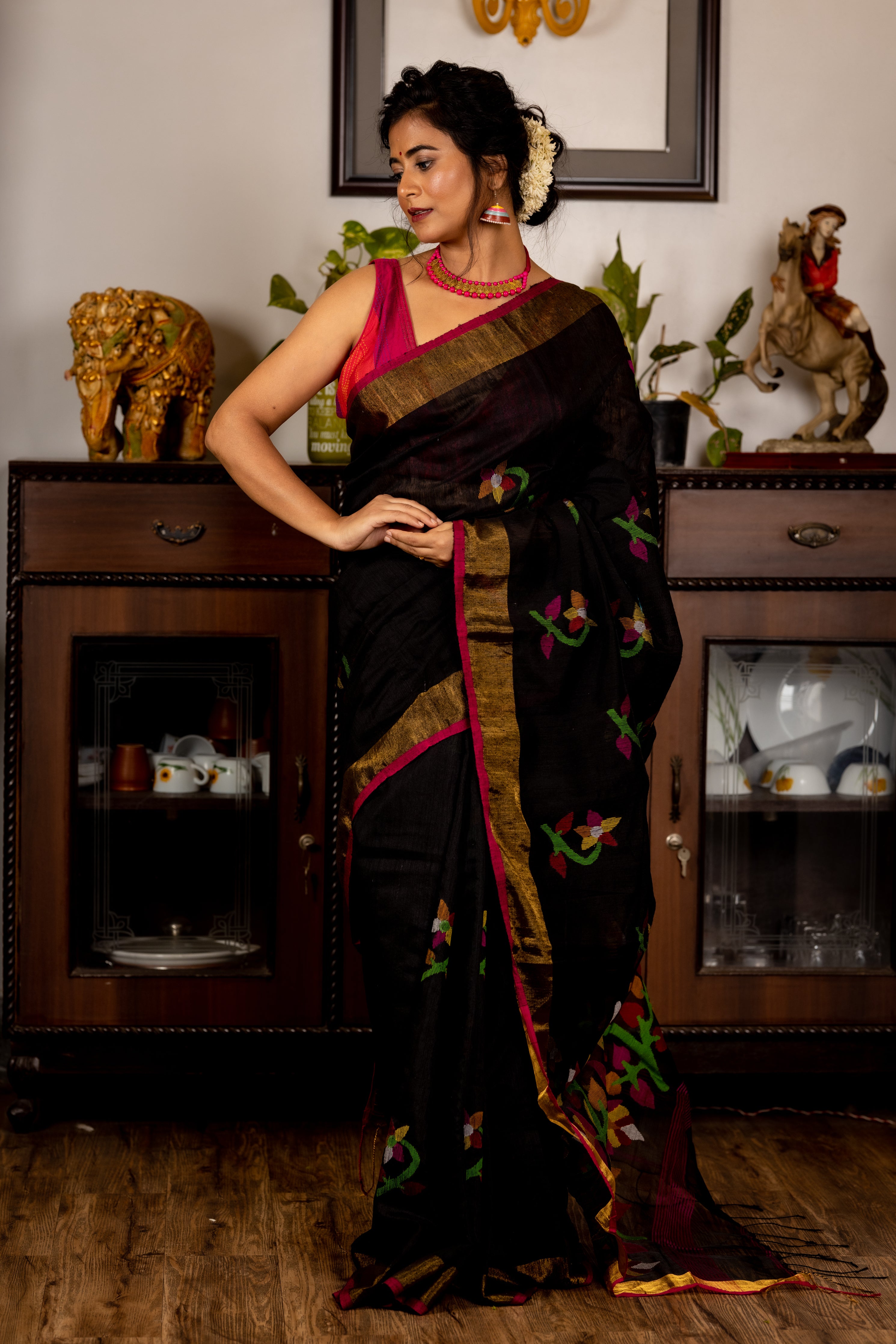 Madhumalati || Black Premium 'Matka-Muslin' Bengal Handloom Saree with all over Multi-colour Floral Jamdani Buta on Matka body & Muslin Pallu