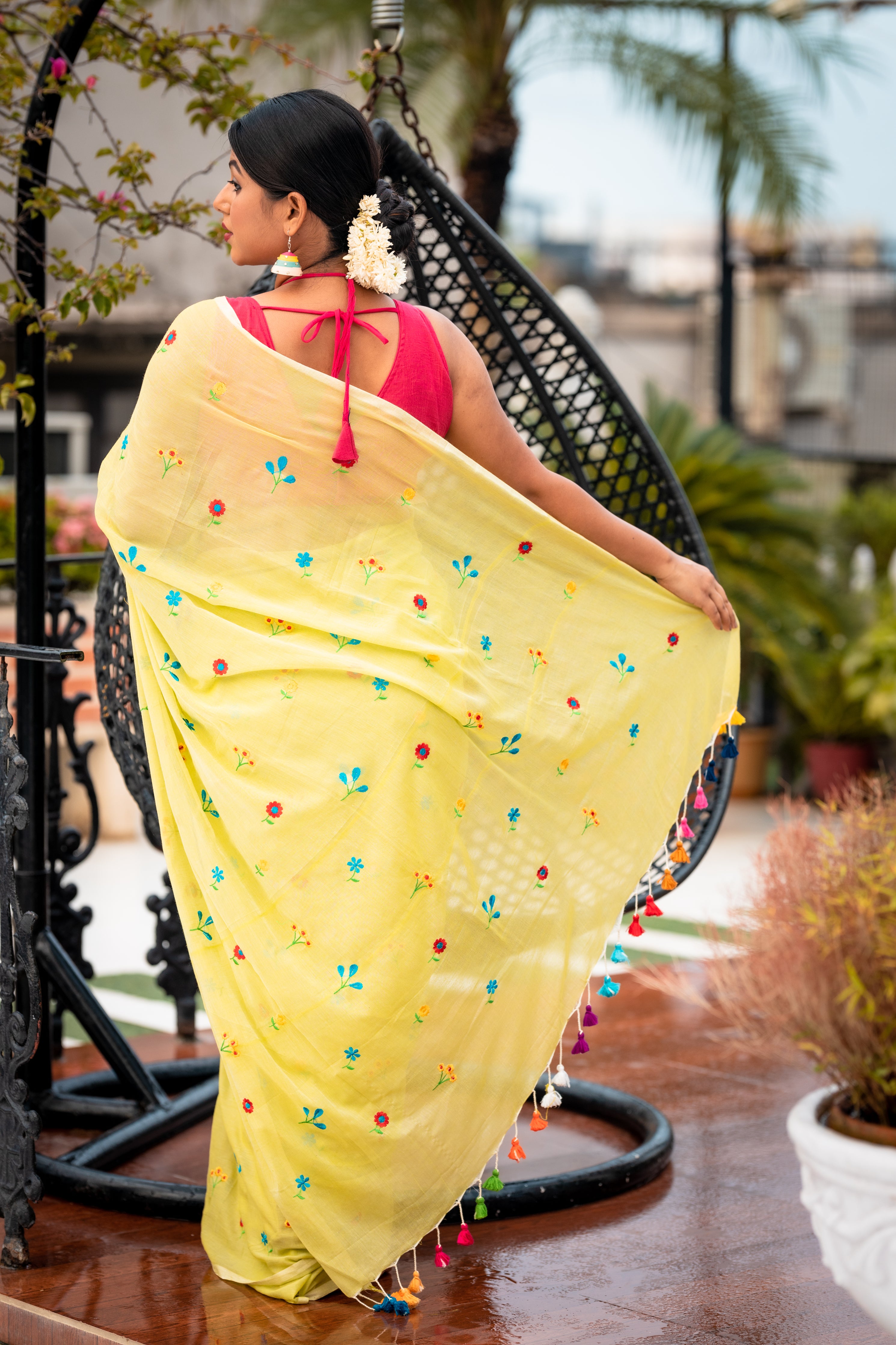Poppins || Light Pista Green Mul Cotton Saree with all over Multi-colour Embroidered floral motifs