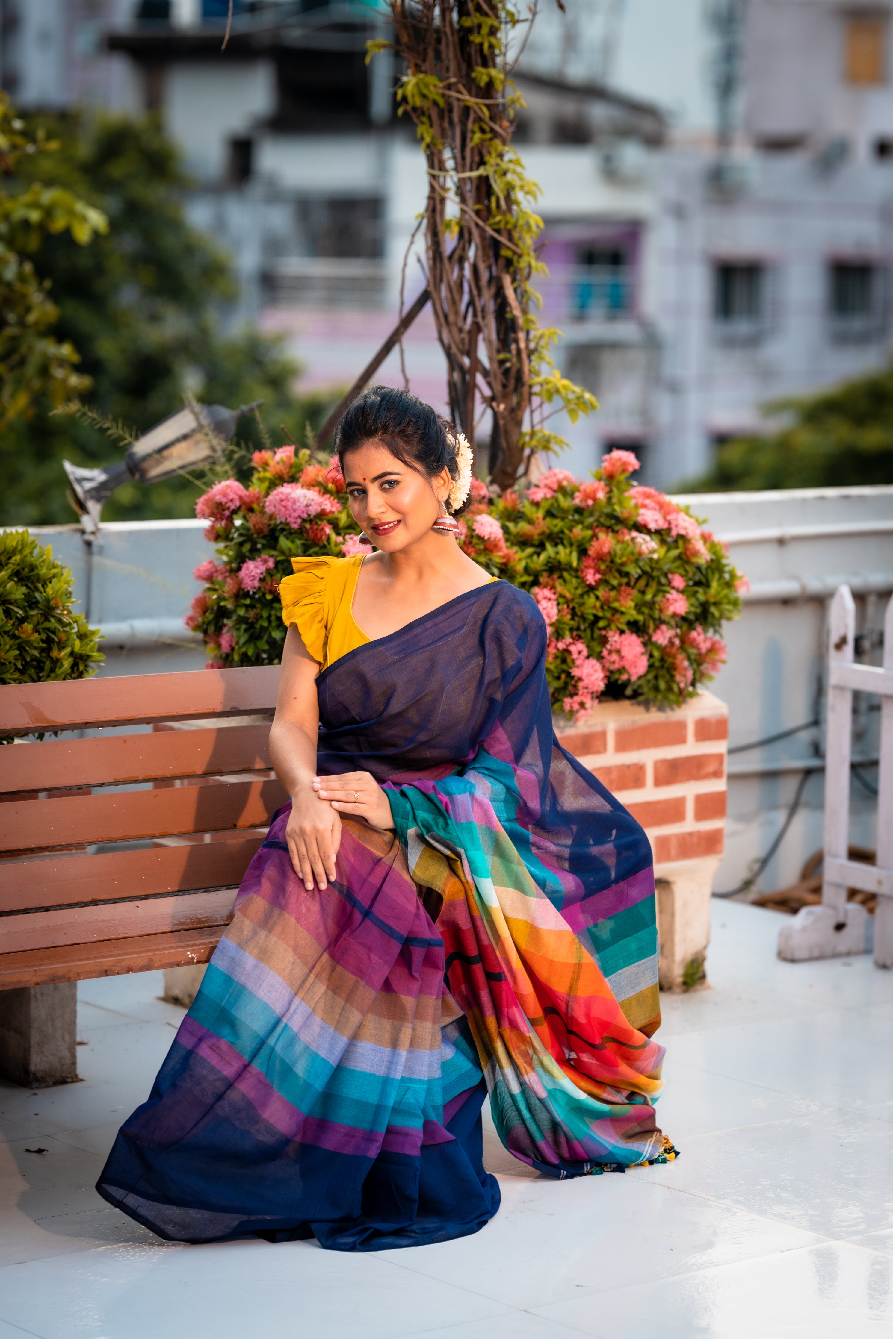 Colour Splash || Multi-colour Mul Cotton Saree with Half & Half Rainbow Checks and Block Stripes
