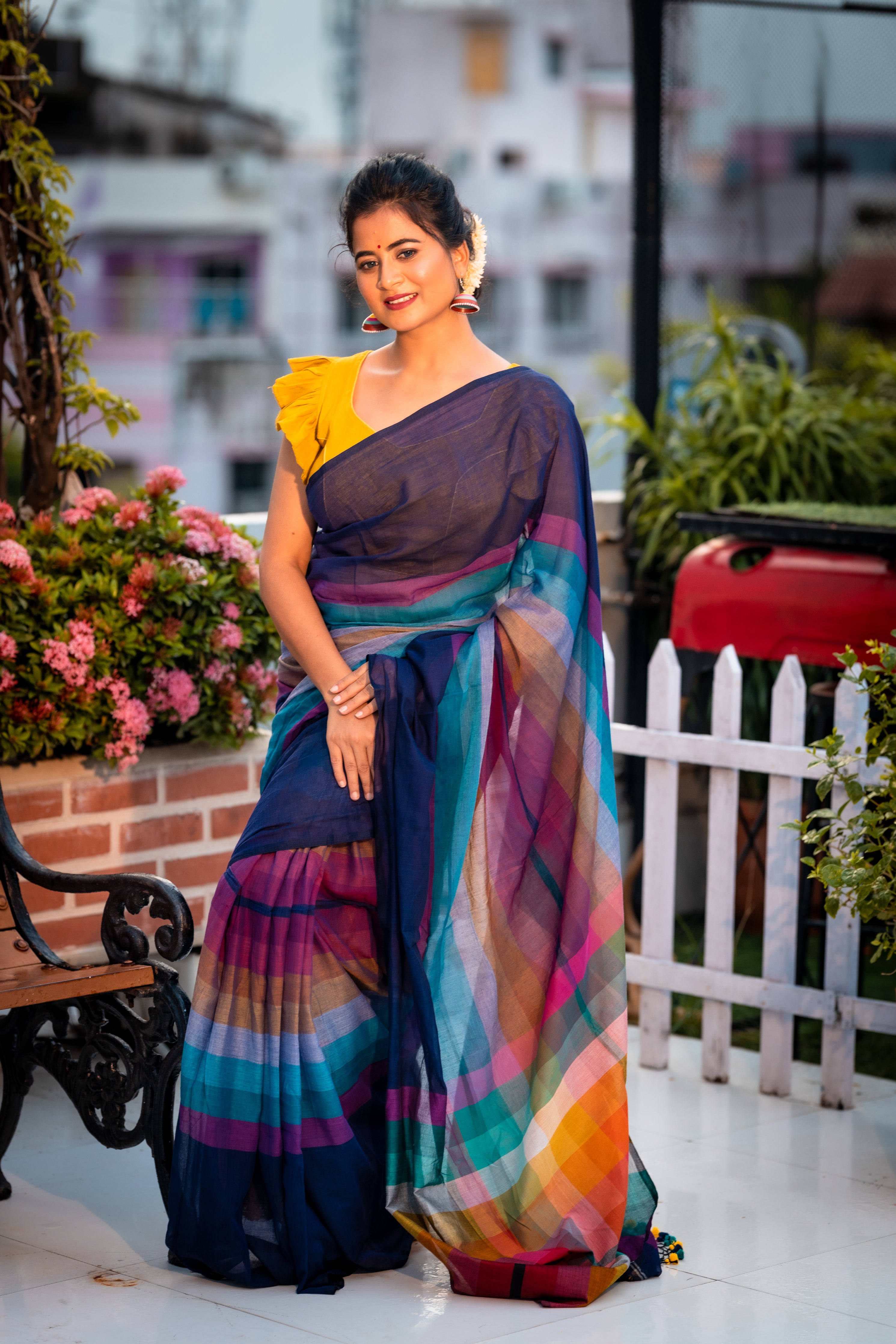 Colour Splash || Multi-colour Mul Cotton Saree with Half & Half Rainbow Checks and Block Stripes