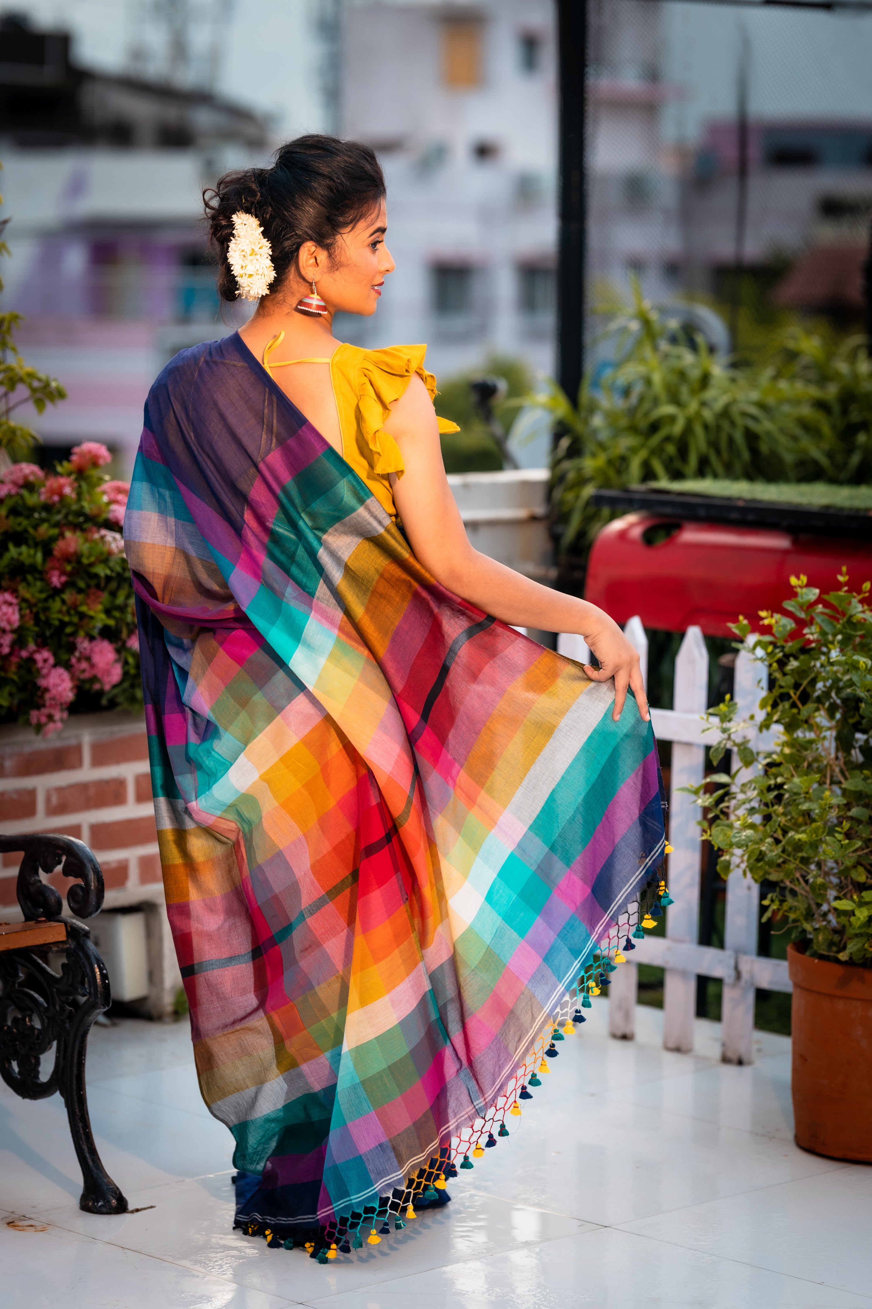 Colour Splash || Multi-colour Mul Cotton Saree with Half & Half Rainbow Checks and Block Stripes