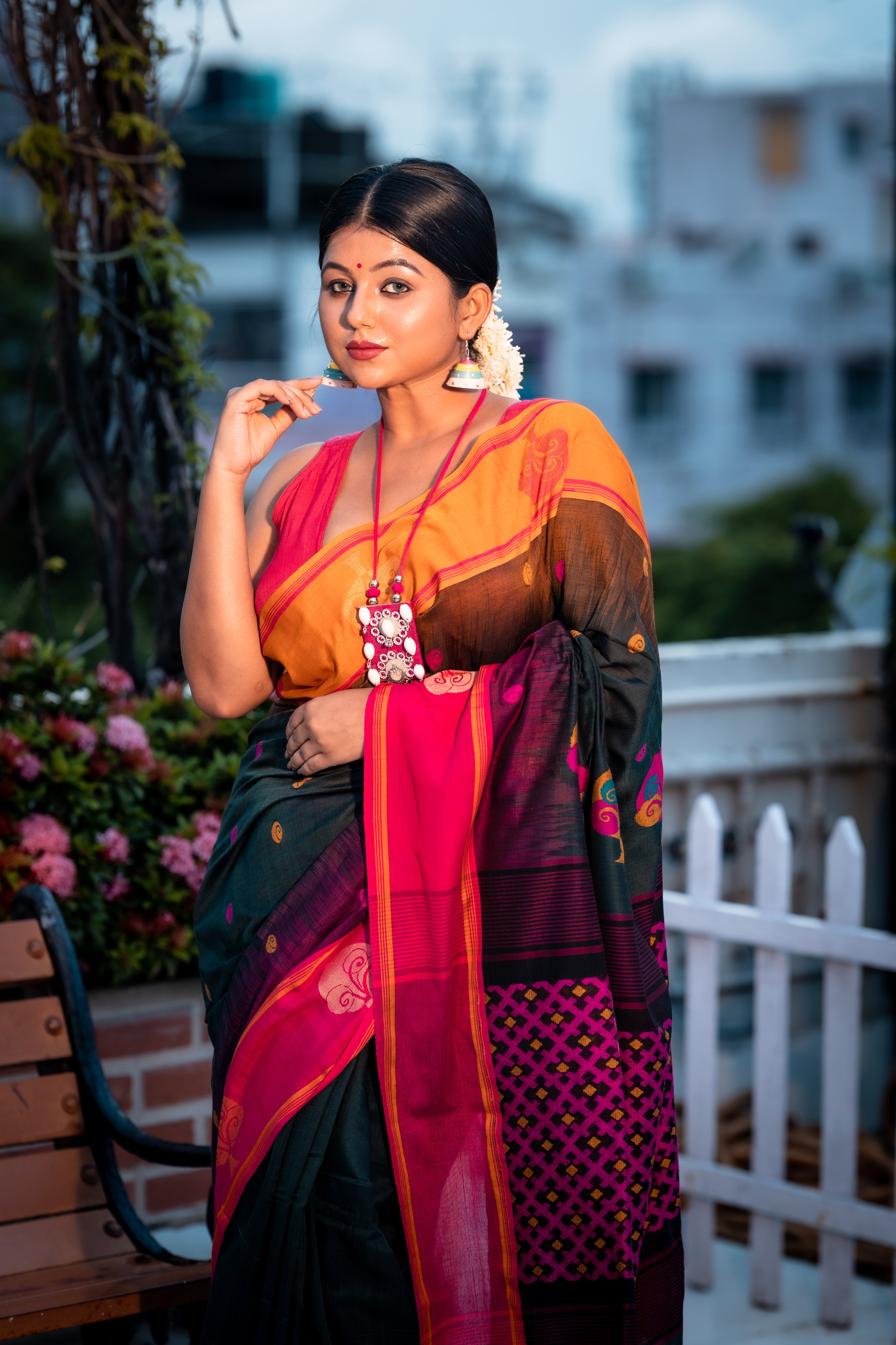 Pallabi || Bottle Green Cotton Bengal Handloom Saree with all over Multi-colour Buti, Mustard Yellow & Magenta Pink 'Ganga Jamuna' Border and Mesh with Traditional 'Tree' motif Pallu