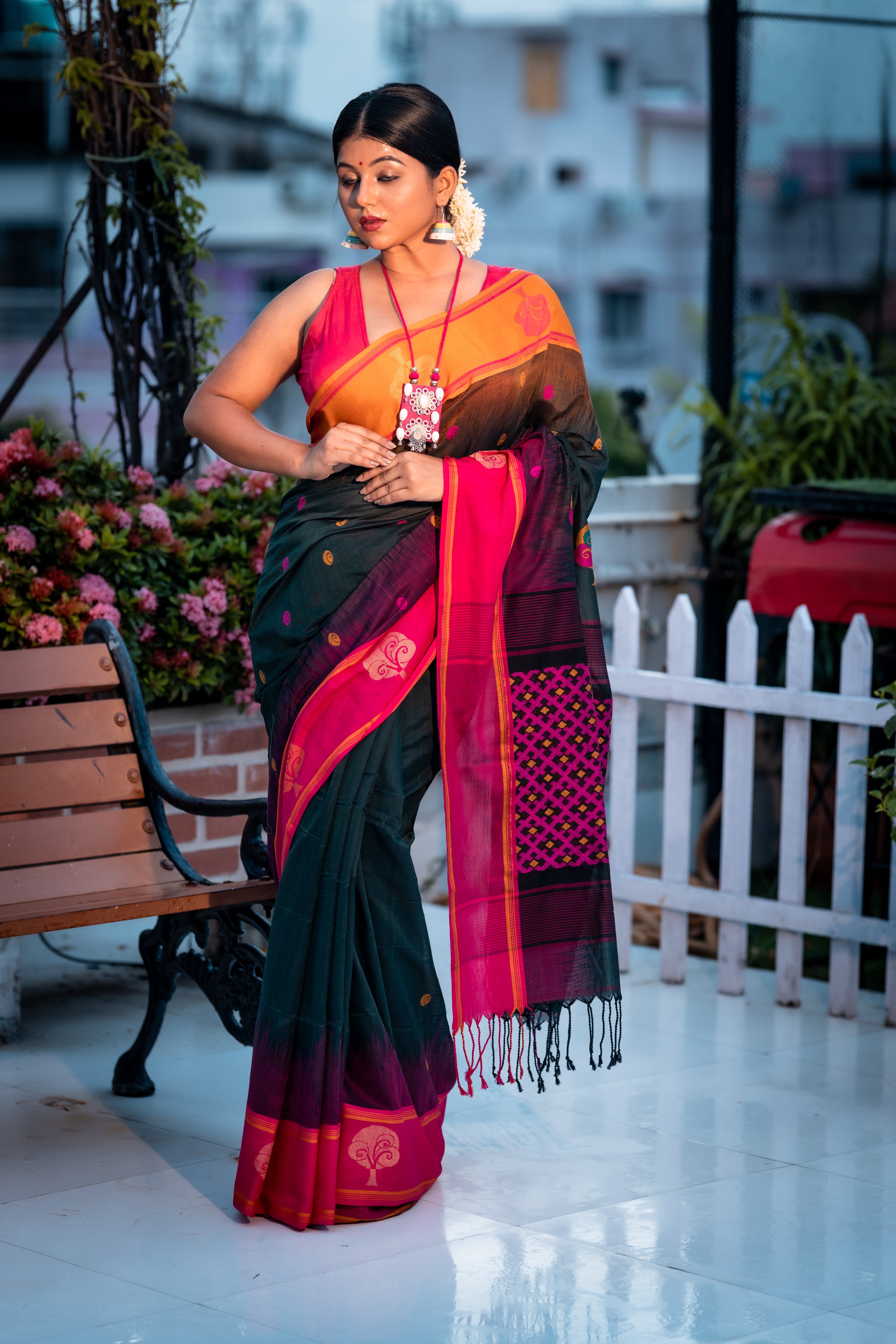 Pallabi || Bottle Green Cotton Bengal Handloom Saree with all over Multi-colour Buti, Mustard Yellow & Magenta Pink 'Ganga Jamuna' Border and Mesh with Traditional 'Tree' motif Pallu