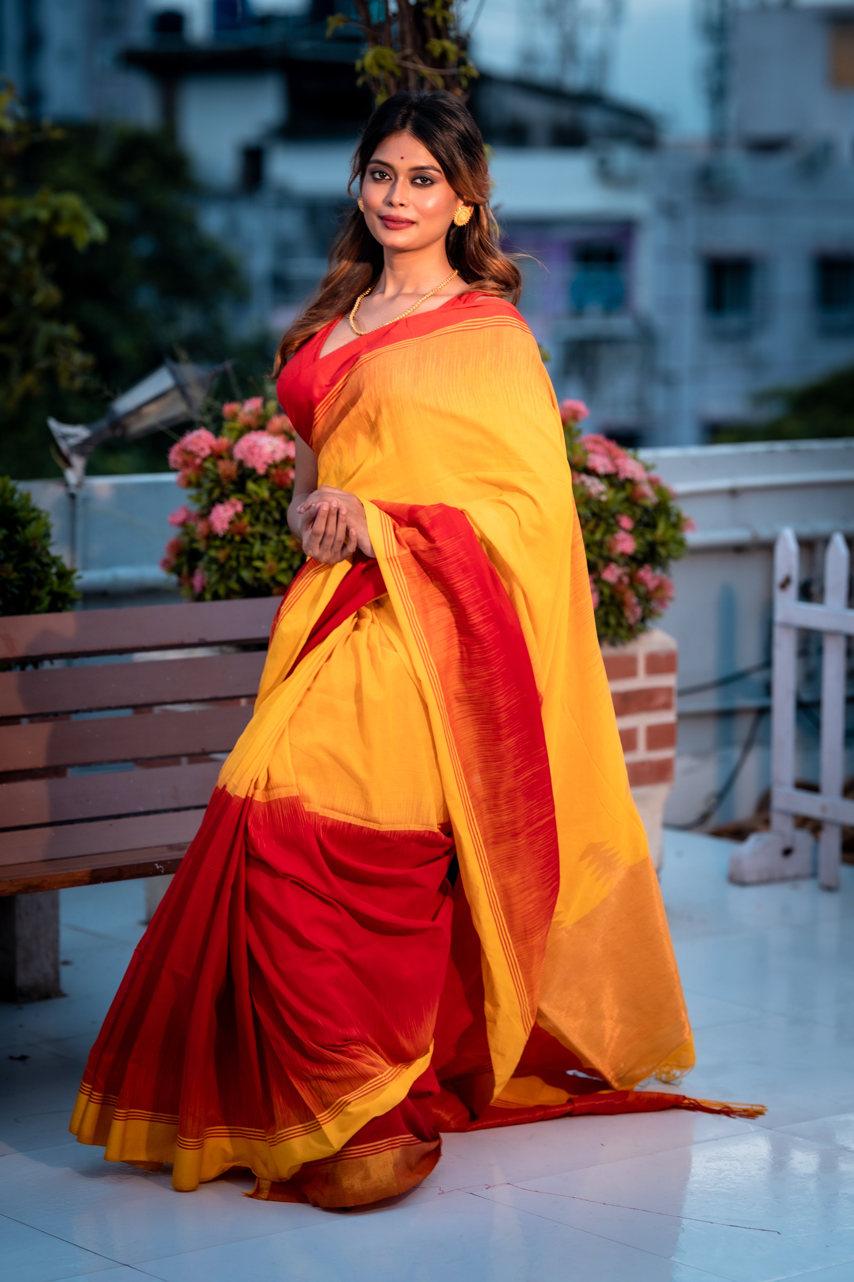 Suryamukhi || Turmeric Yellow Cotton Bengal Handloom half & half Saree with Red Cut-Shuttle Border and Copper Zari Stripe Pallu