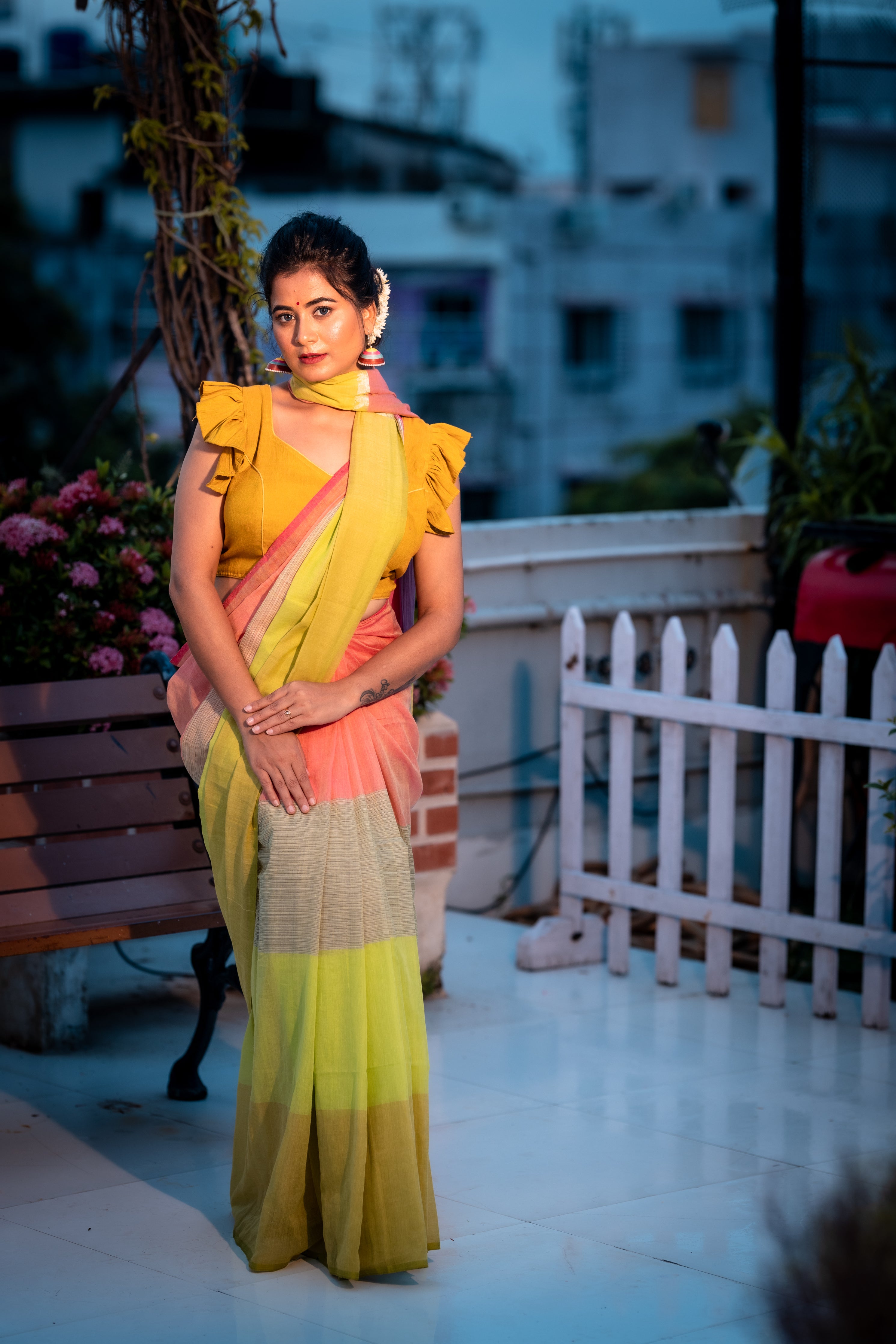 Colour Block || Multi-colour Mul Cotton Saree with all over 4D block Stripes & Silver Zari highlights Pallu