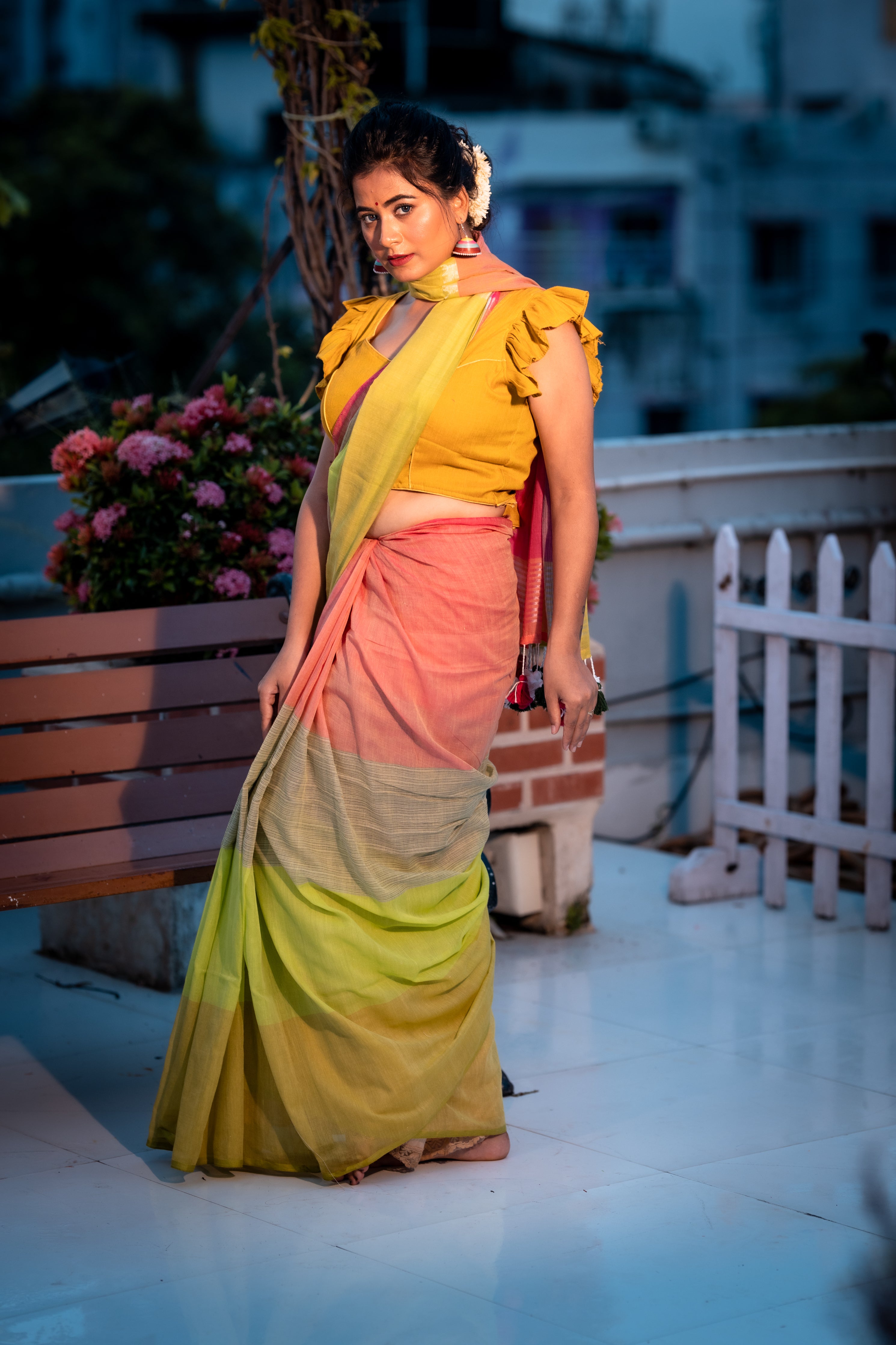 Colour Block || Multi-colour Mul Cotton Saree with all over 4D block Stripes & Silver Zari highlights Pallu