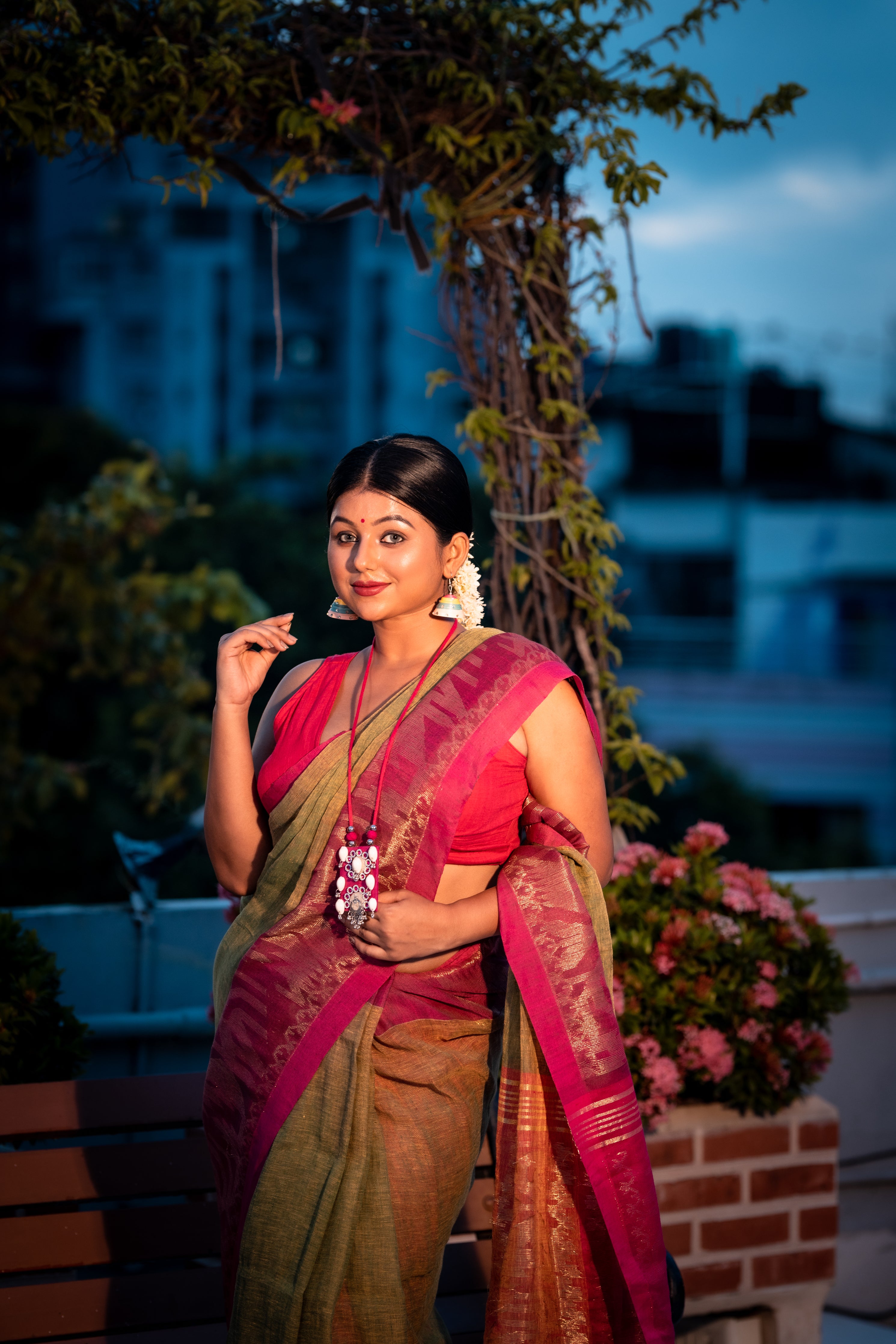 Abani || Olive Green & Mango Yellow dual tone Linen Bengal Handloom Saree with Plain Body, Magenta 'Mahapadh' & Golden Zari Ikkat Border and Contrast Pallu