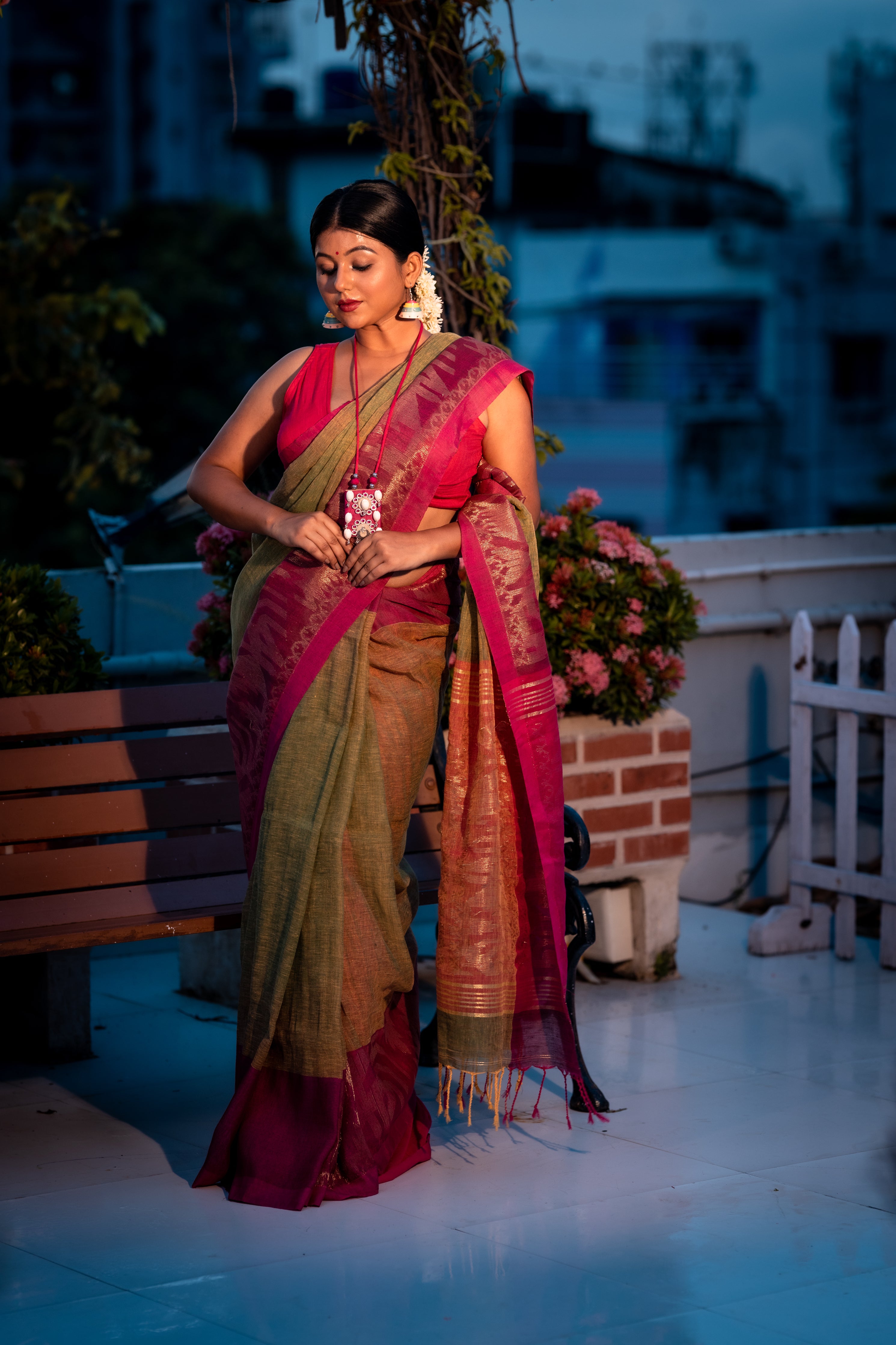 Abani || Olive Green & Mango Yellow dual tone Linen Bengal Handloom Saree with Plain Body, Magenta 'Mahapadh' & Golden Zari Ikkat Border and Contrast Pallu