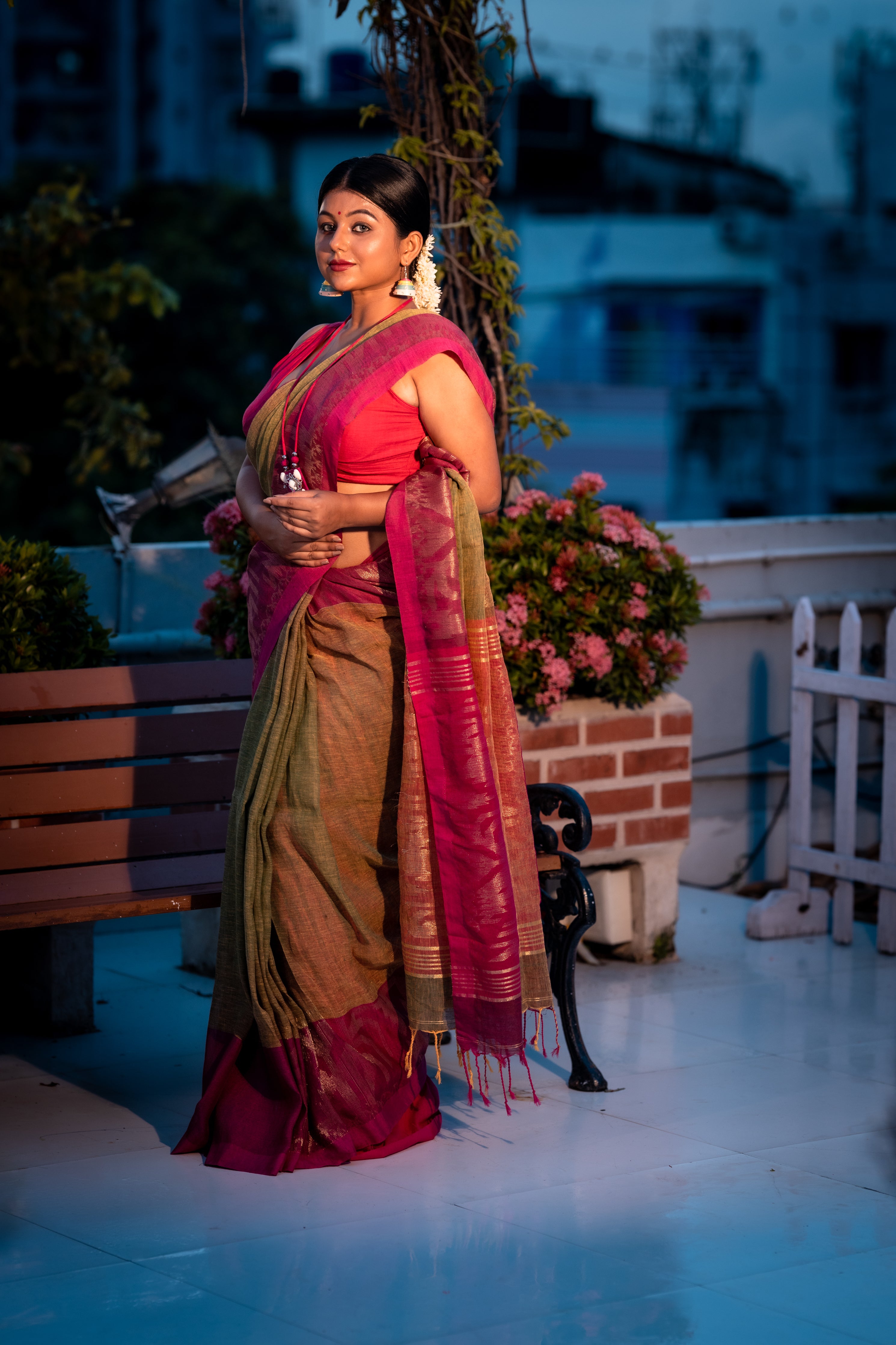 Abani || Olive Green & Mango Yellow dual tone Linen Bengal Handloom Saree with Plain Body, Magenta 'Mahapadh' & Golden Zari Ikkat Border and Contrast Pallu