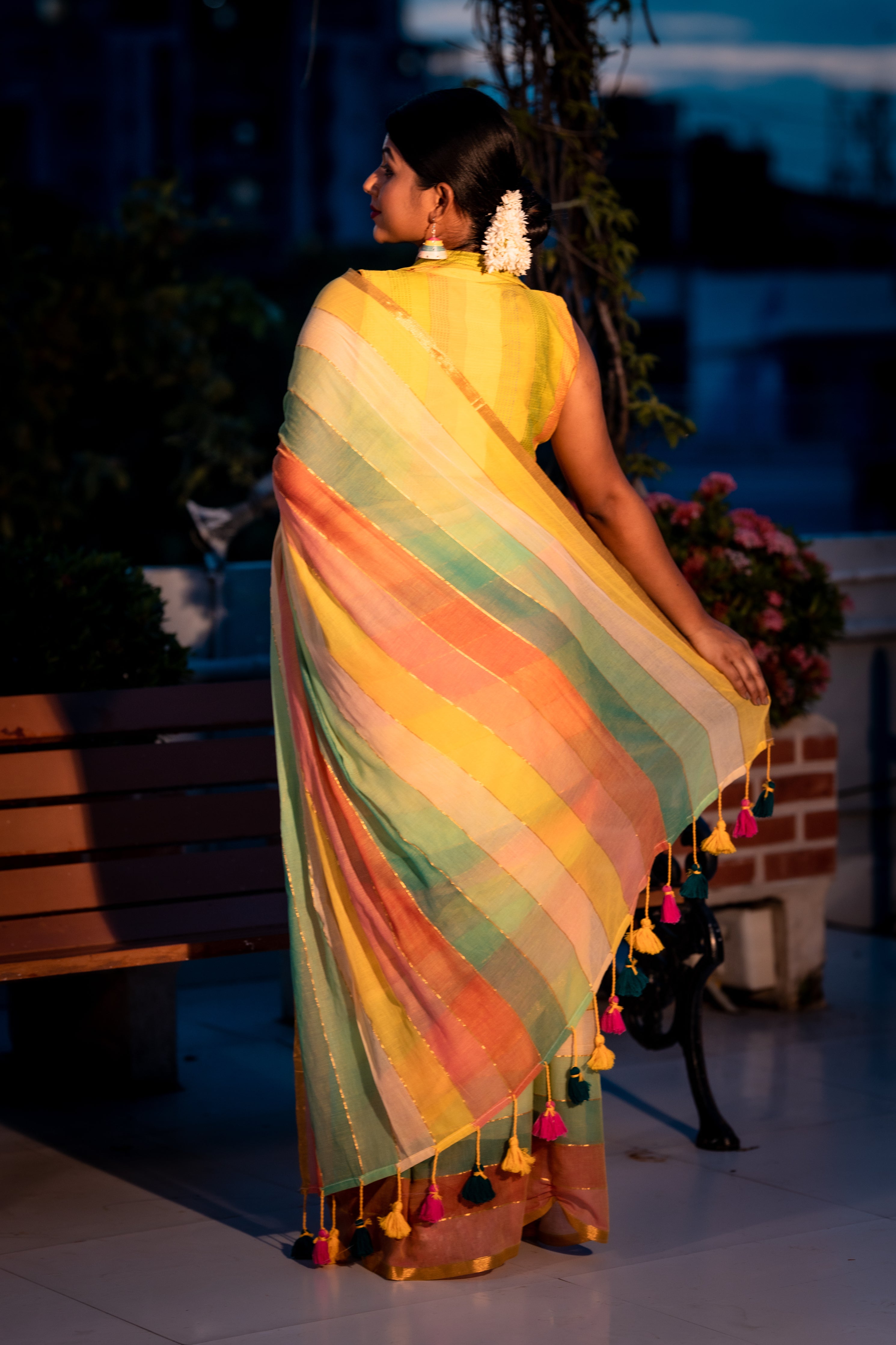 Cotton Candy || Multi-colour Mul Cotton Saree with all over 6D Hexa block Stripes & Golden Zari highlights