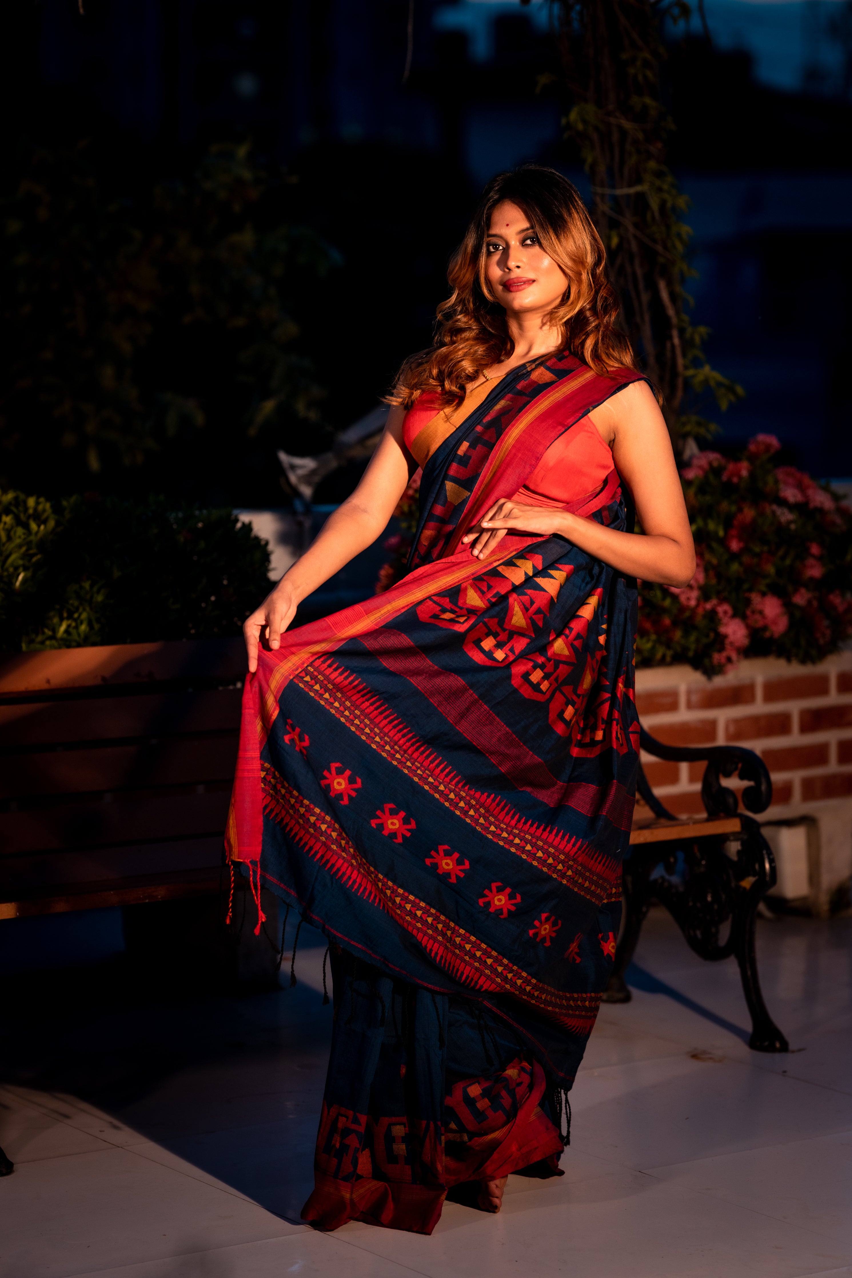 Ranjini || Navy Blue Cotton Bengal Handloom Saree with all over Multi-colour Buti, Mustard Yellow & Red 'Ganga Jamuna' Border and Traditional design Pallu