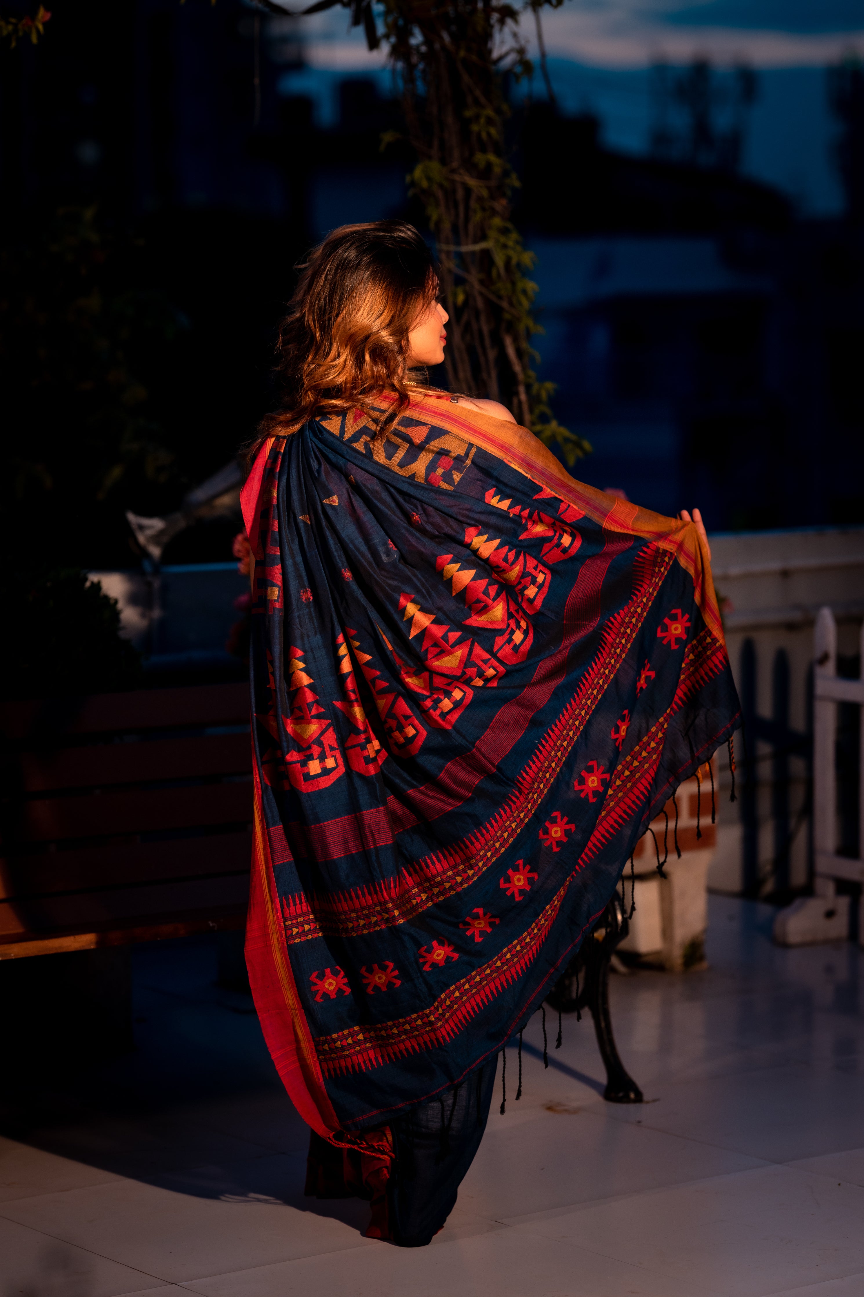 Ranjini || Navy Blue Cotton Bengal Handloom Saree with all over Multi-colour Buti, Mustard Yellow & Red 'Ganga Jamuna' Border and Traditional design Pallu