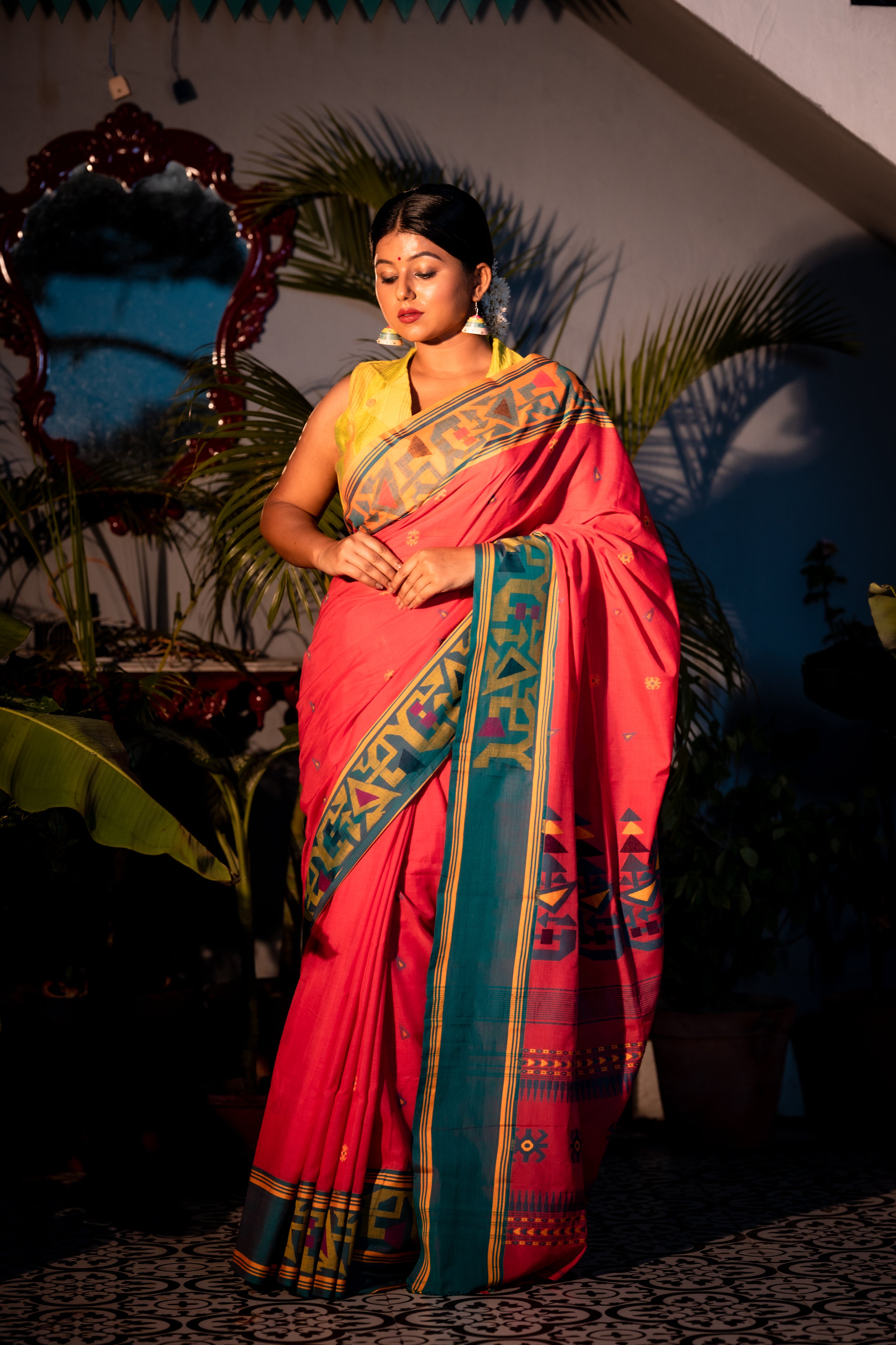 Godhuli || Raspberry Pink Cotton Bengal Handloom Saree with all over Multi-colour Buti, Mustard Yellow & Green 'Ganga Jamuna' Border and Traditional design Pallu