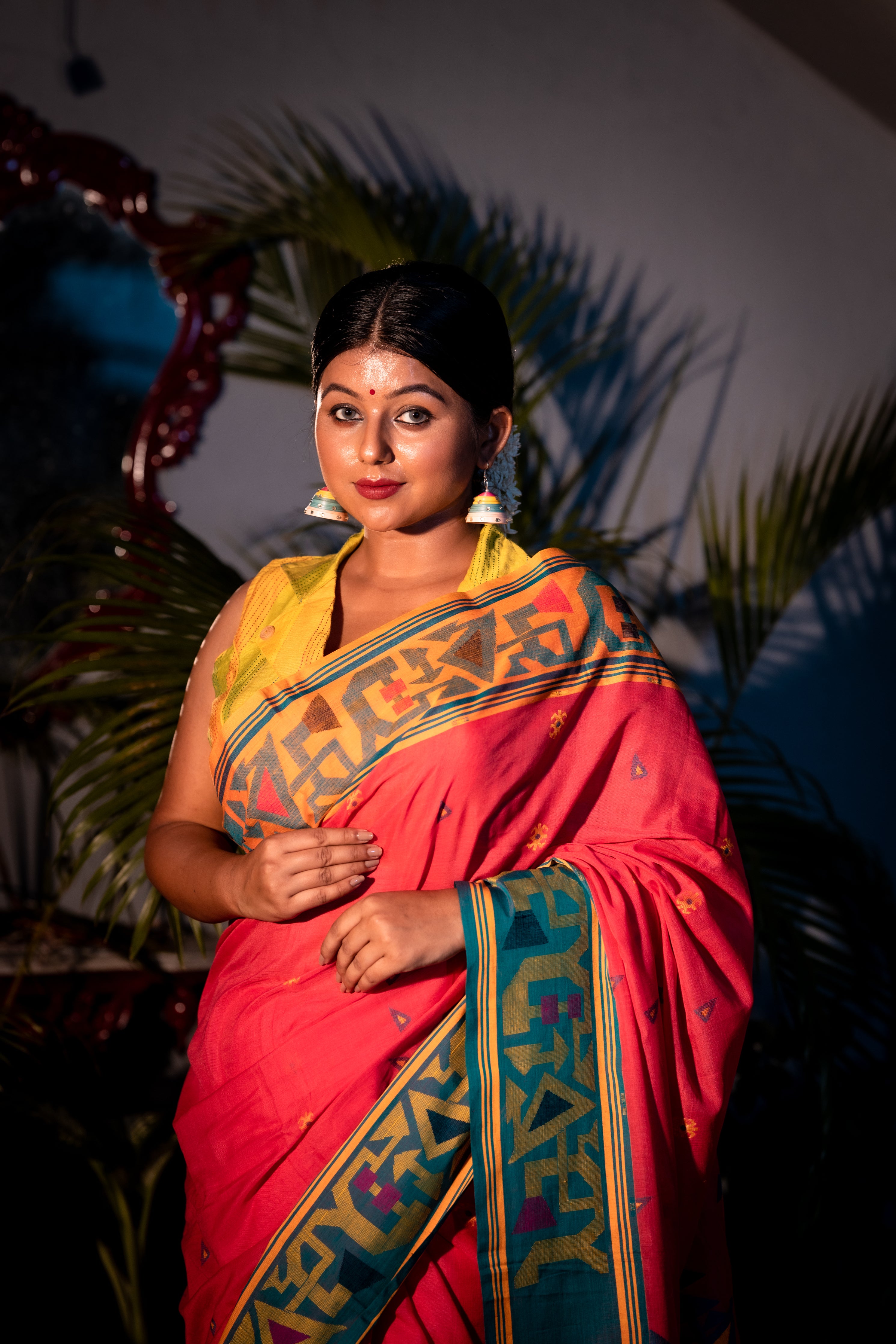 Godhuli || Raspberry Pink Cotton Bengal Handloom Saree with all over Multi-colour Buti, Mustard Yellow & Green 'Ganga Jamuna' Border and Traditional design Pallu