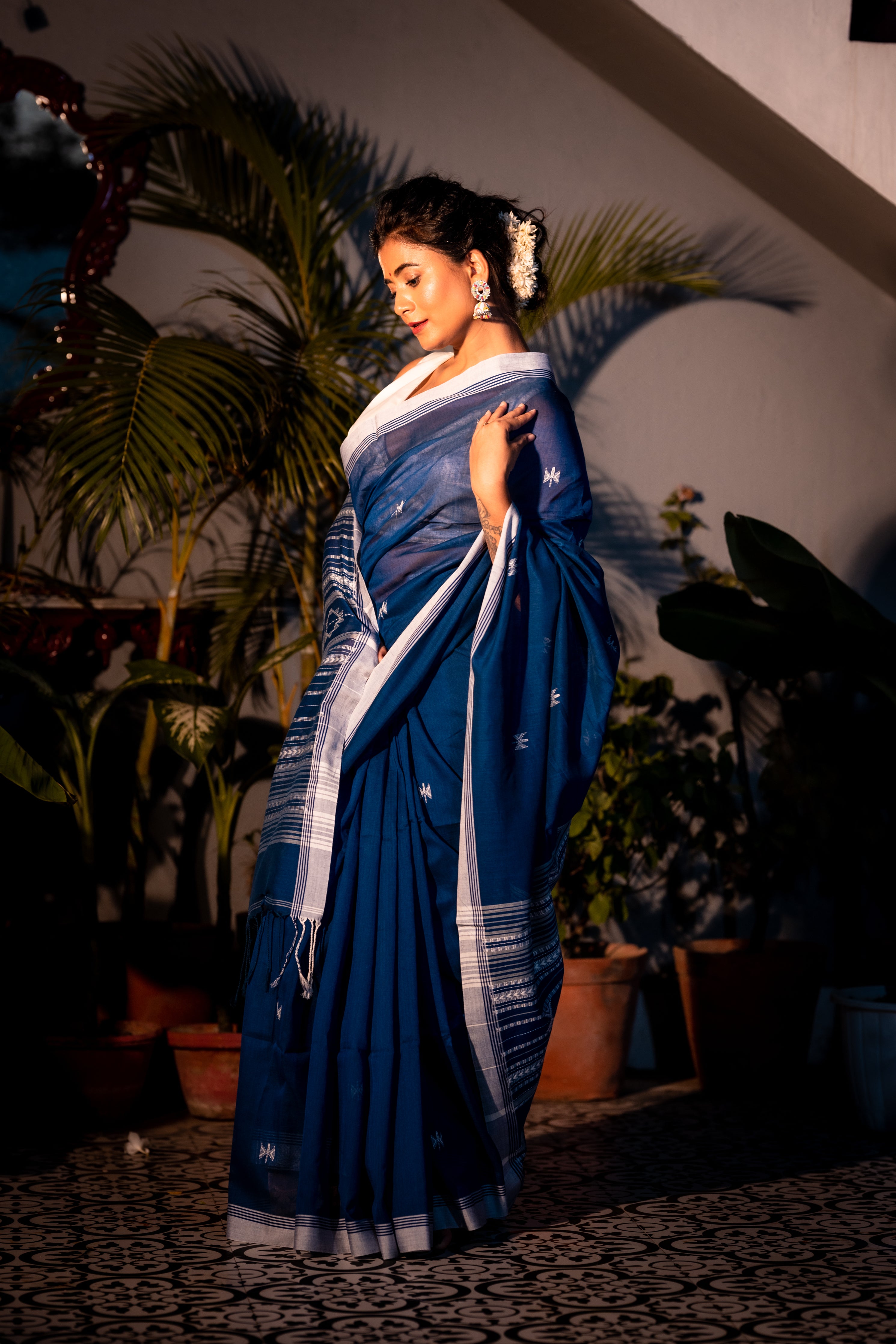 Indigo || Dark Indigo Blue Cotton Bengal Handloom Saree with all over White Abstract Resham Buti and woven Bhujodi Striped Pallu