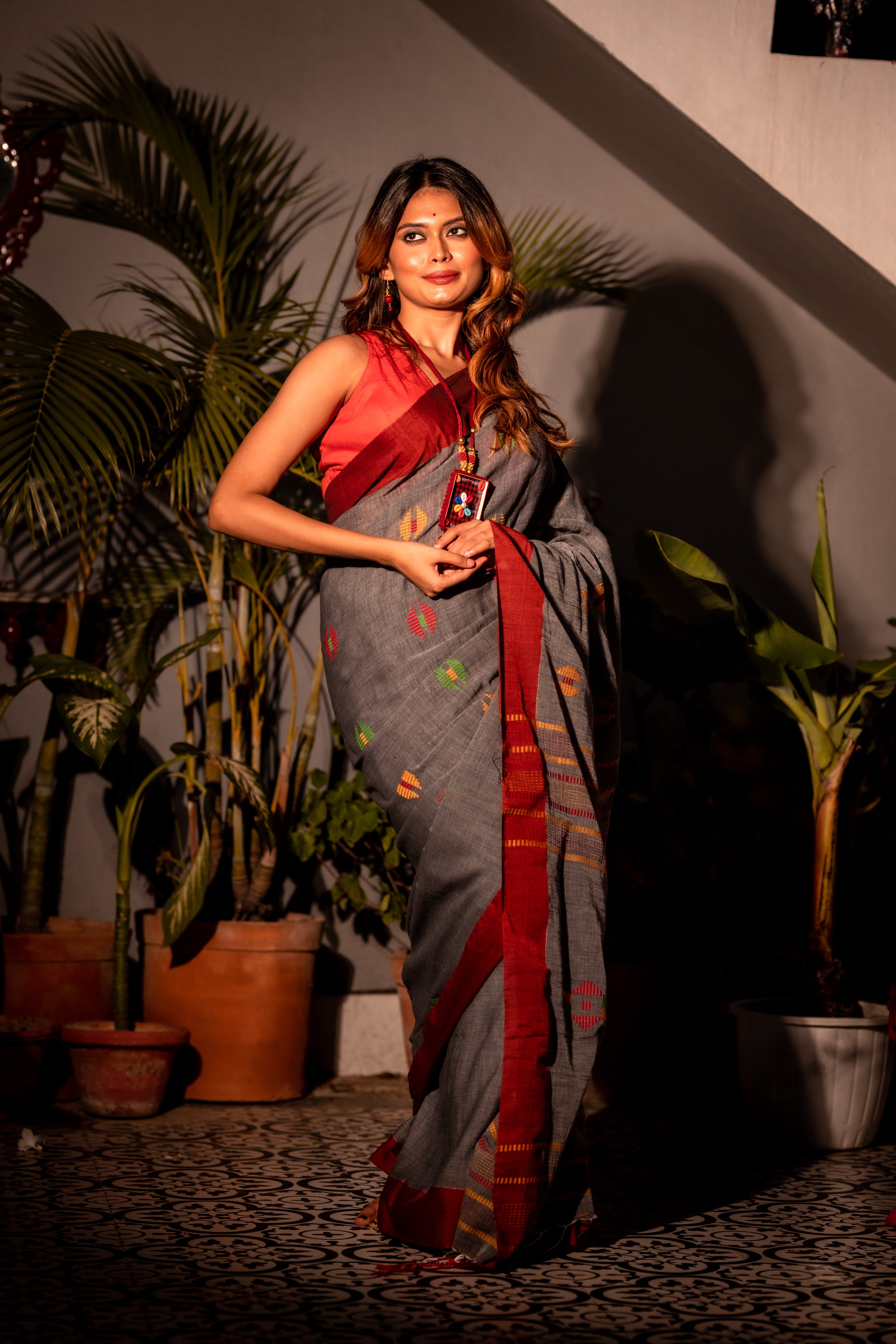 Meghali || Dark Grey Cotton Bengal Handloom Saree with all over Multi-colour 'Kantha' Buta and Stripe Pallu