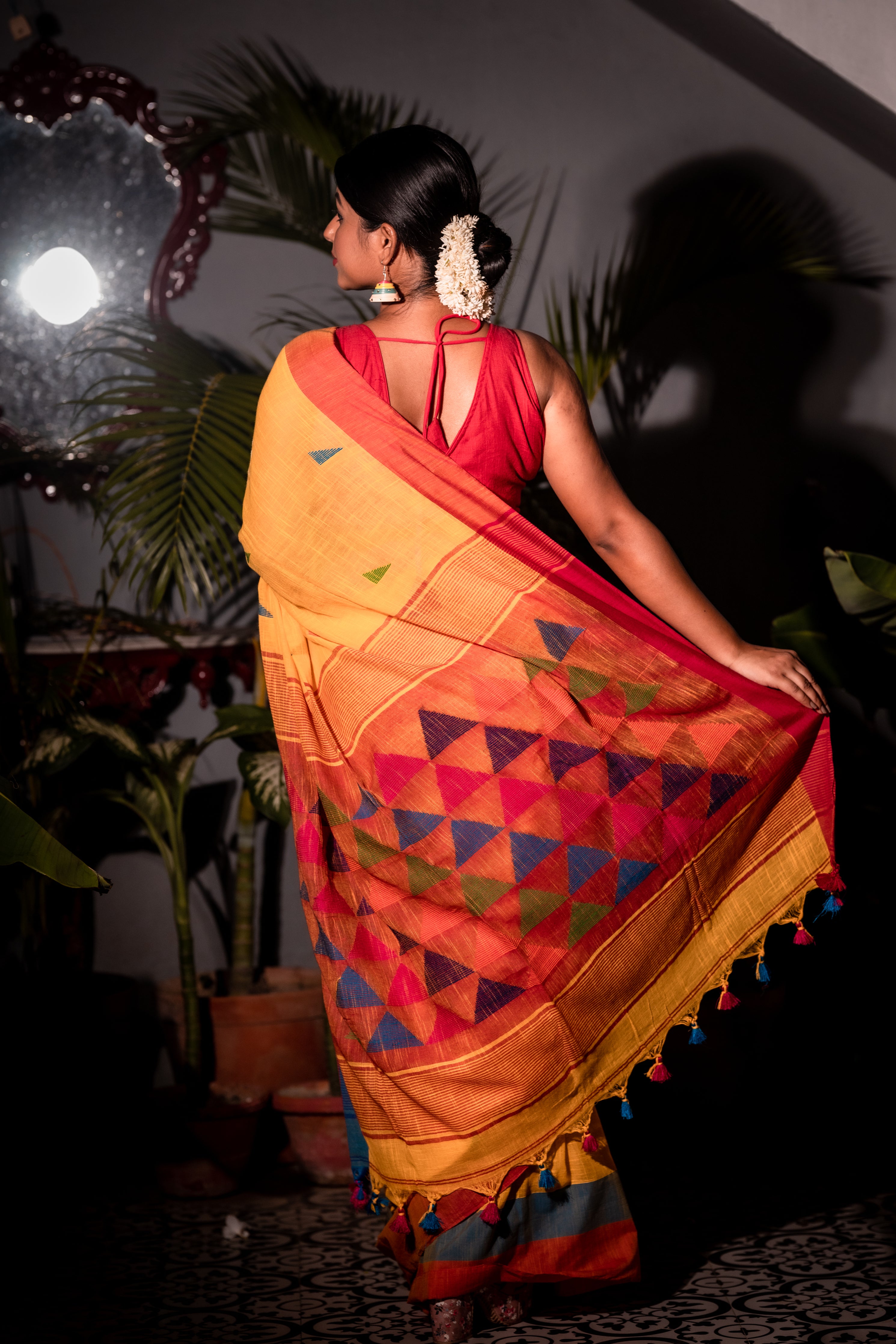 Tribeni || Turmeric Yellow Cotton Bengal Handloom Saree with all over Multi-colour Buta, Dusty Blue & Beet Red Border and 'Temple' motif Pallu