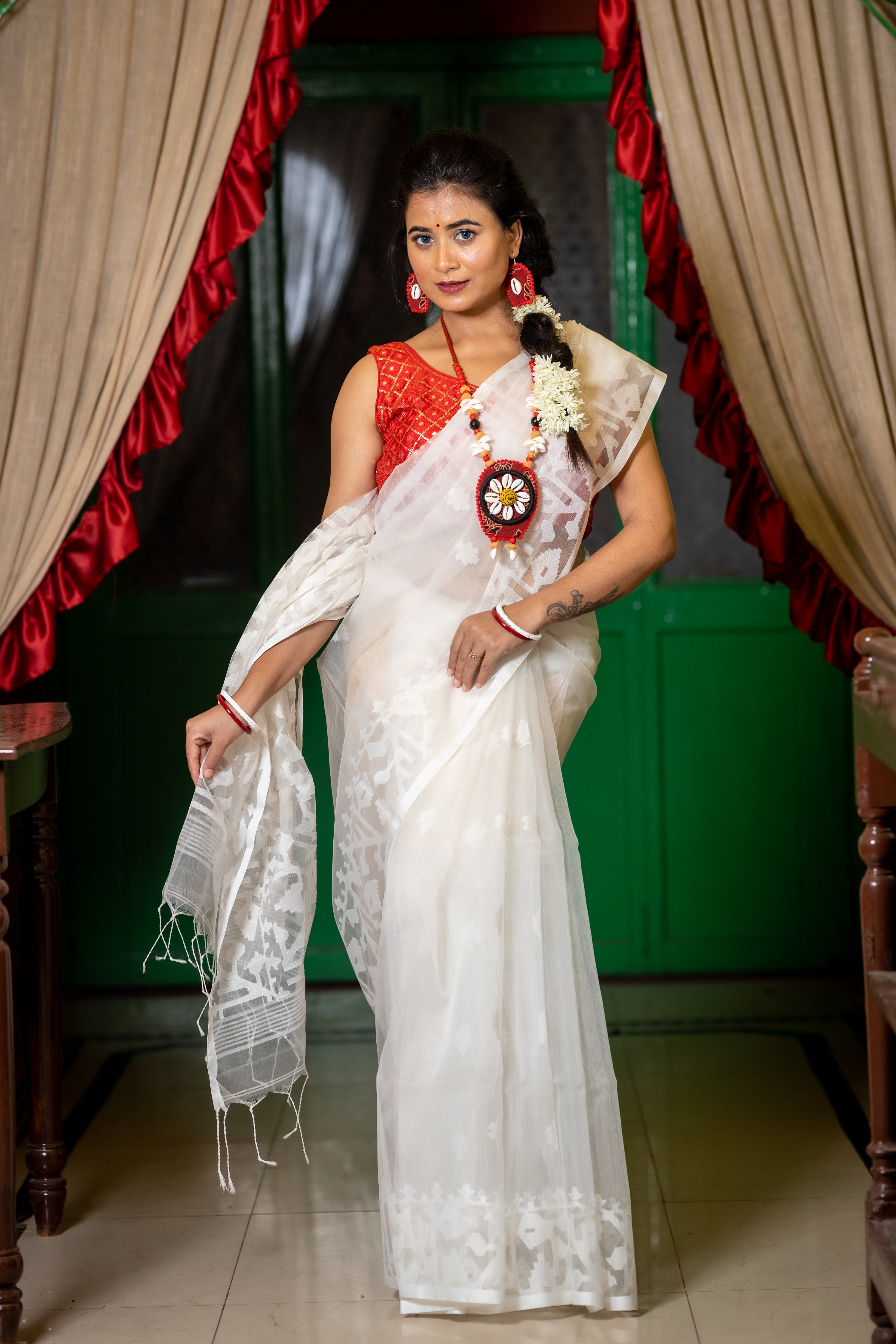 Purnima || White Muslin Saree with all over White Resham Self Jamdani Buta and 'Karat' motif  Border & Pallu
