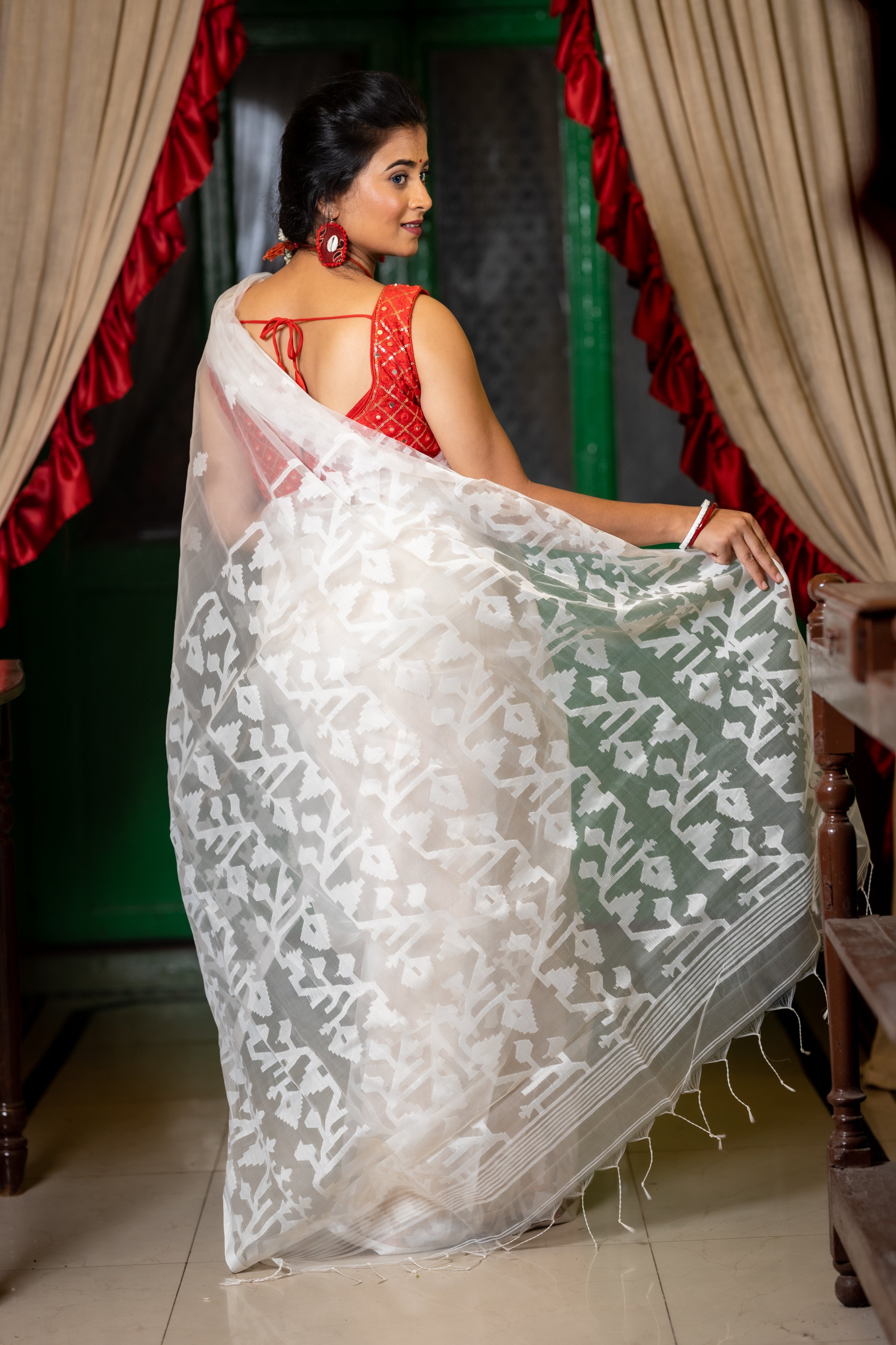 Purnima || White Muslin Saree with all over White Resham Self Jamdani Buta and 'Karat' motif  Border & Pallu