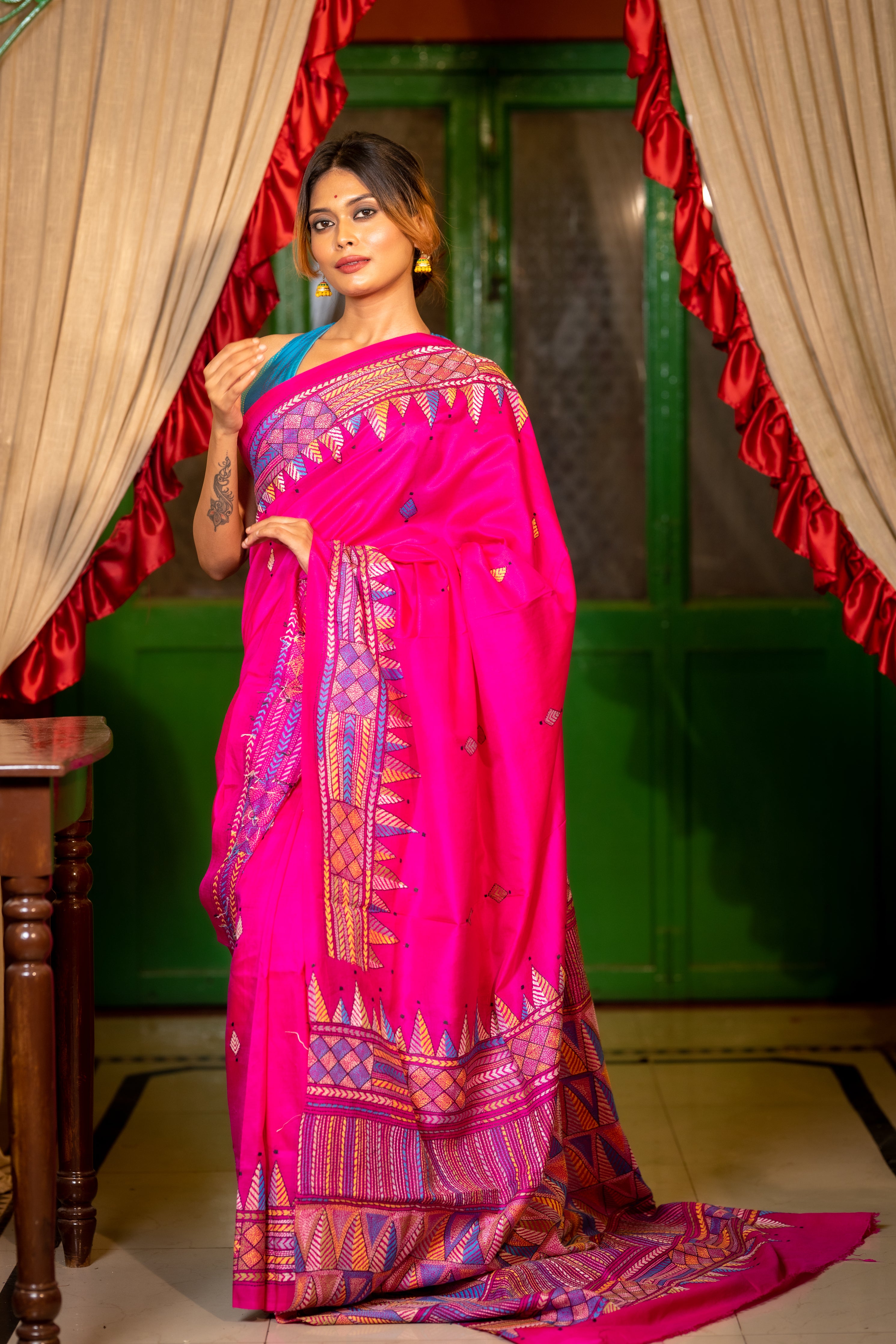 Kalyani || Magenta Pink Pure Bangalore Silk Kantha Stitch Embroidery Saree with all over Multi-colour Abstract Buta and Temple Border & Pallu