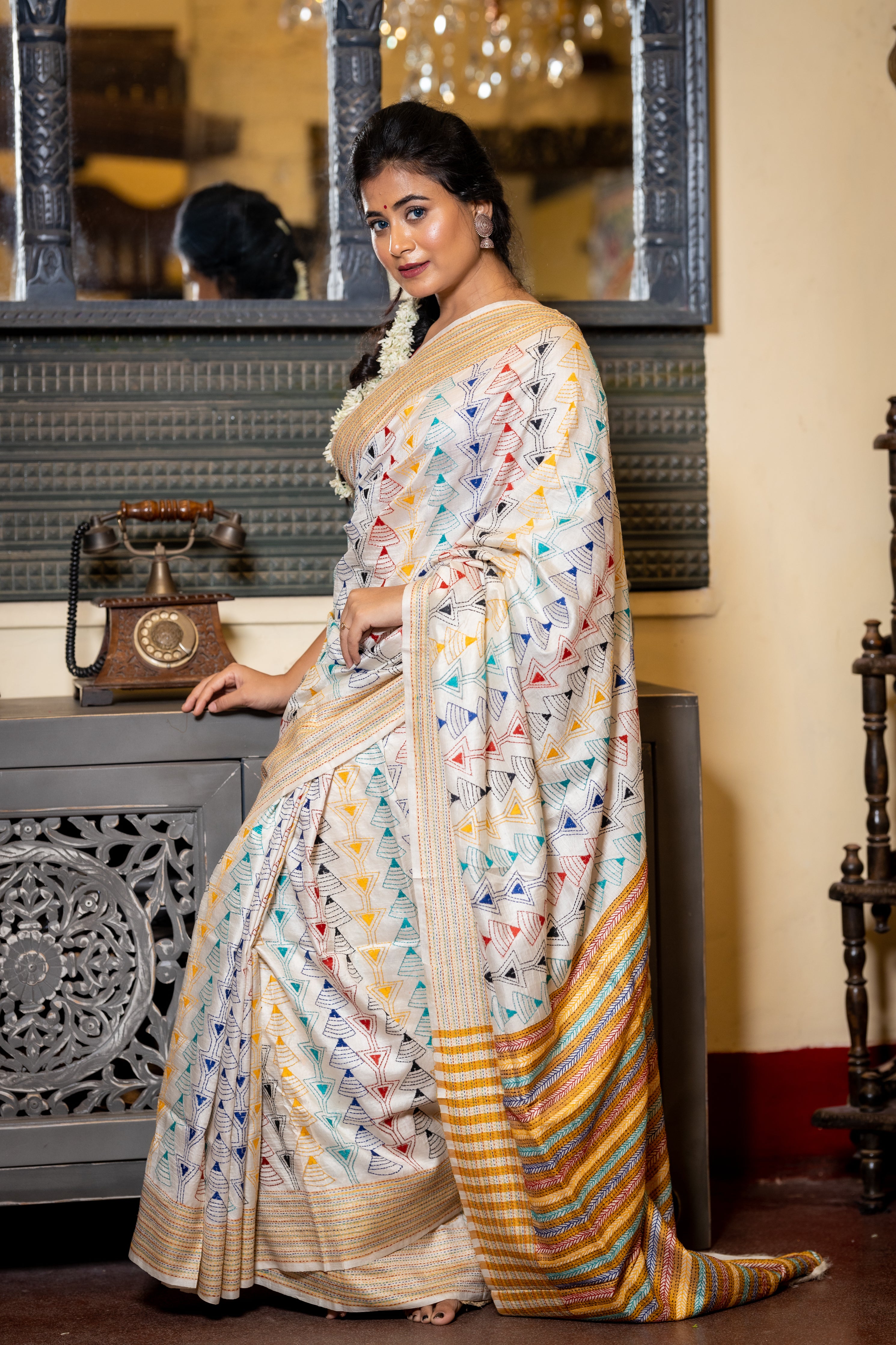 Chitra || Off-White Pure Bishnupuri Katan Handloom Kantha Stitch Embroidery Saree with all over Multi-colour 'Abstract Triangle' Stripes and 'Jalchuri' Pallu
