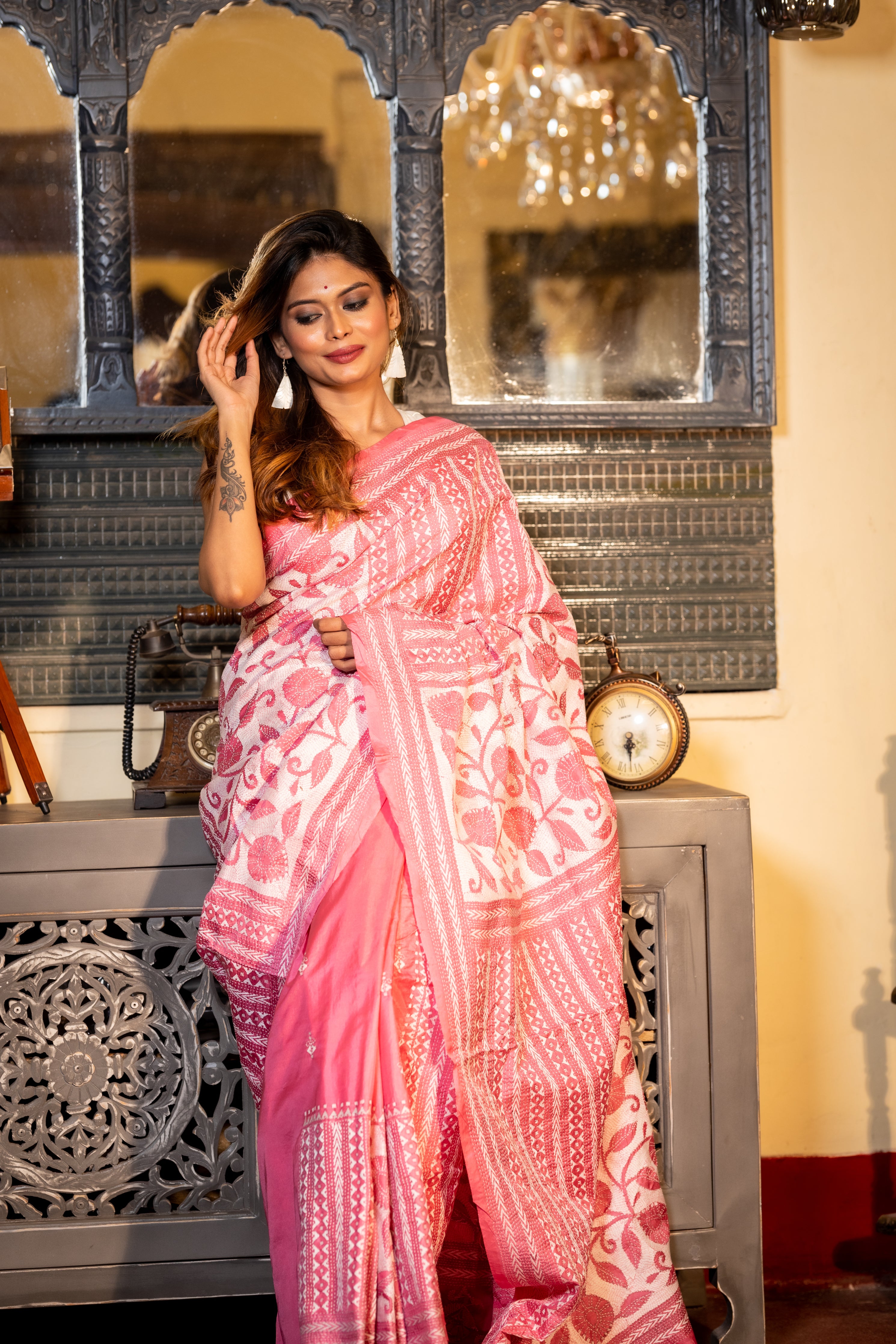 Malini || Pink & White Blended Bangalore Silk Reverse Kantha Stitch Embroidery Saree with Buta, Stripe and Floral motifs