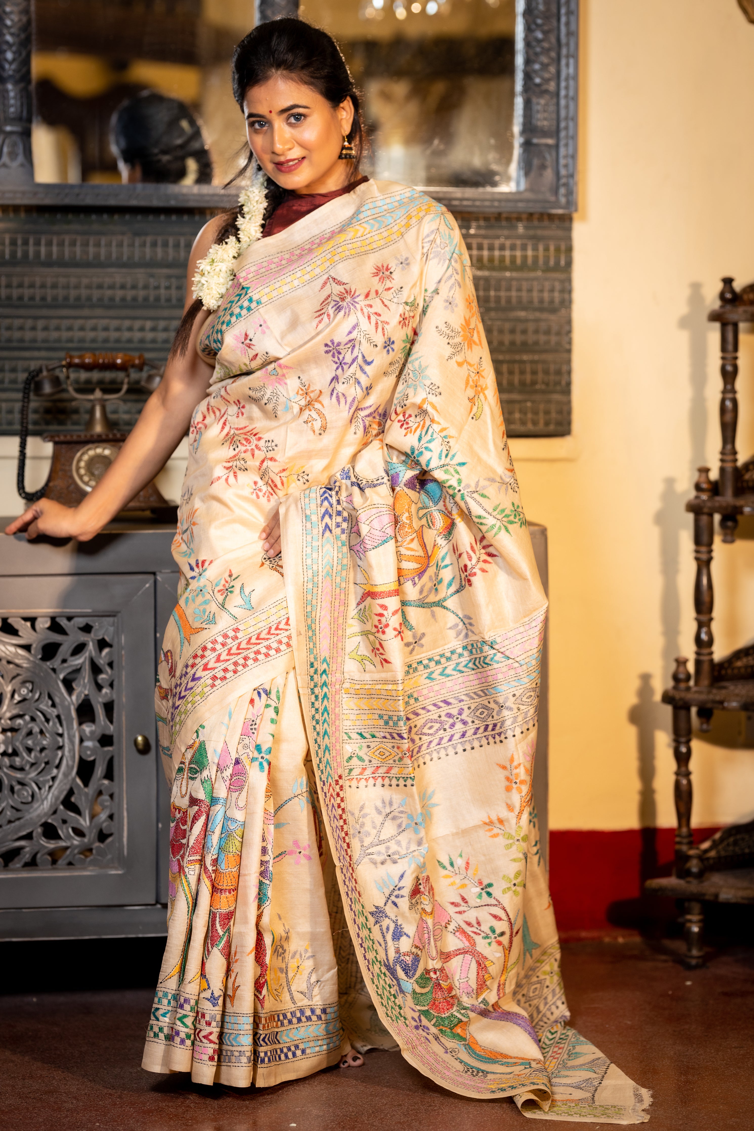 Shakuntala || Beige Pure Tussar Silk Handloom Kantha Stitch Embroidery Saree with all over Multi-colour 'Shakuntala' theme figures