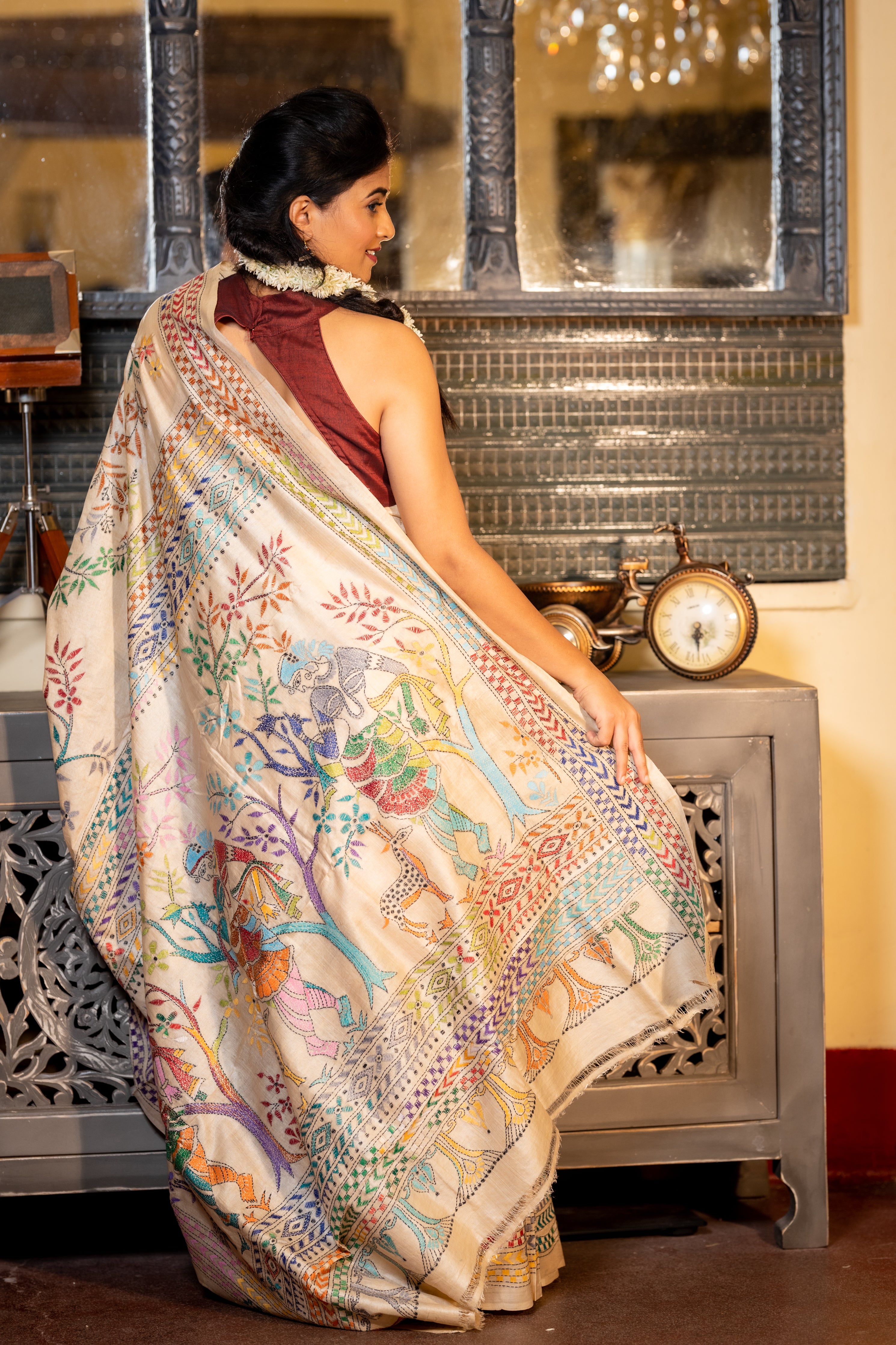 Shakuntala || Beige Pure Tussar Silk Handloom Kantha Stitch Embroidery Saree with all over Multi-colour 'Shakuntala' theme figures