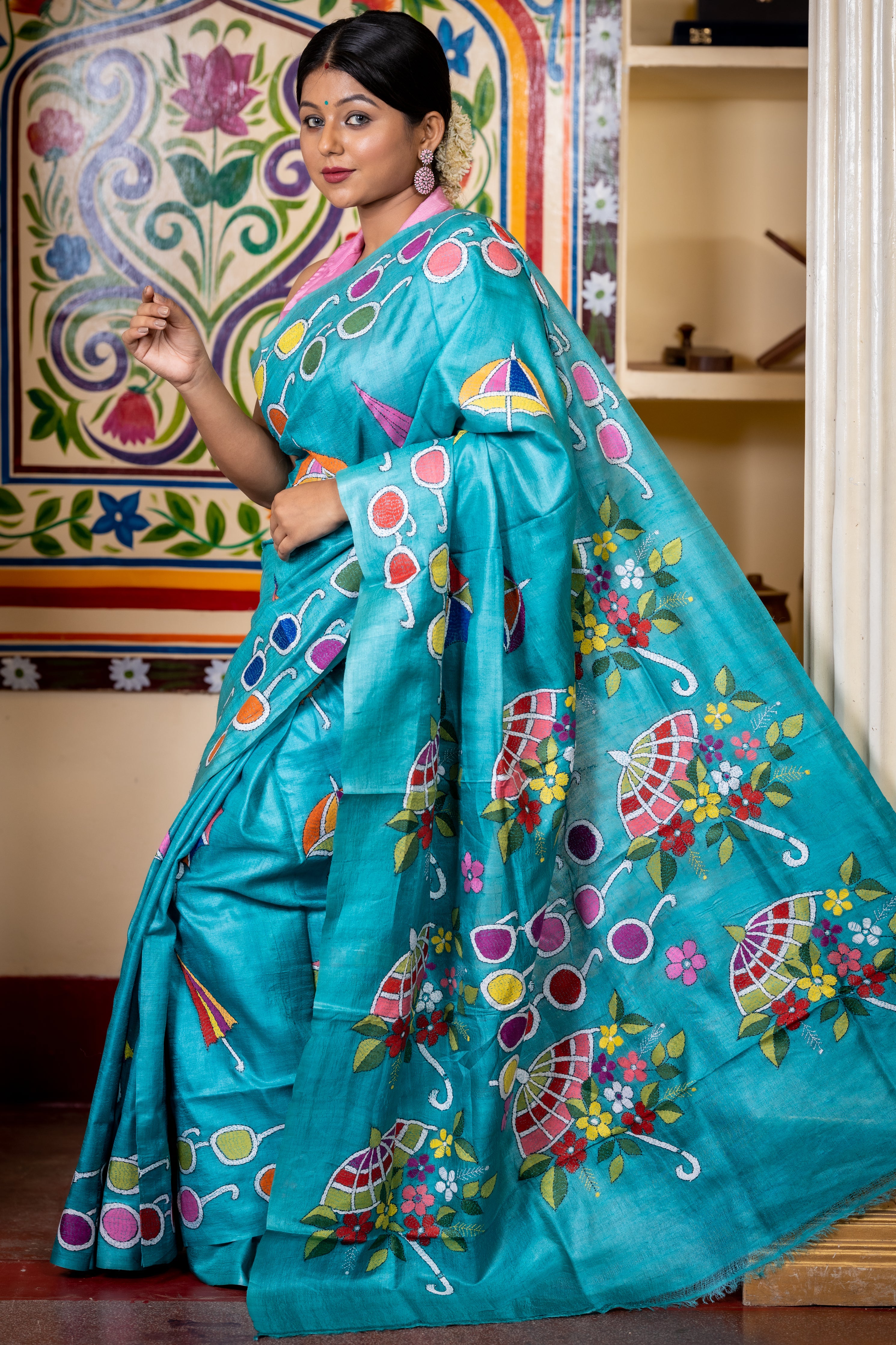 Sohini || Dark Aqua Blue Pure Gachhi Tussar Silk Handloom Kantha Stitch Embroidery Saree with all over Multi-colour 'Umbrella' and 'Sunglass' motif Buta, Border & Pallu