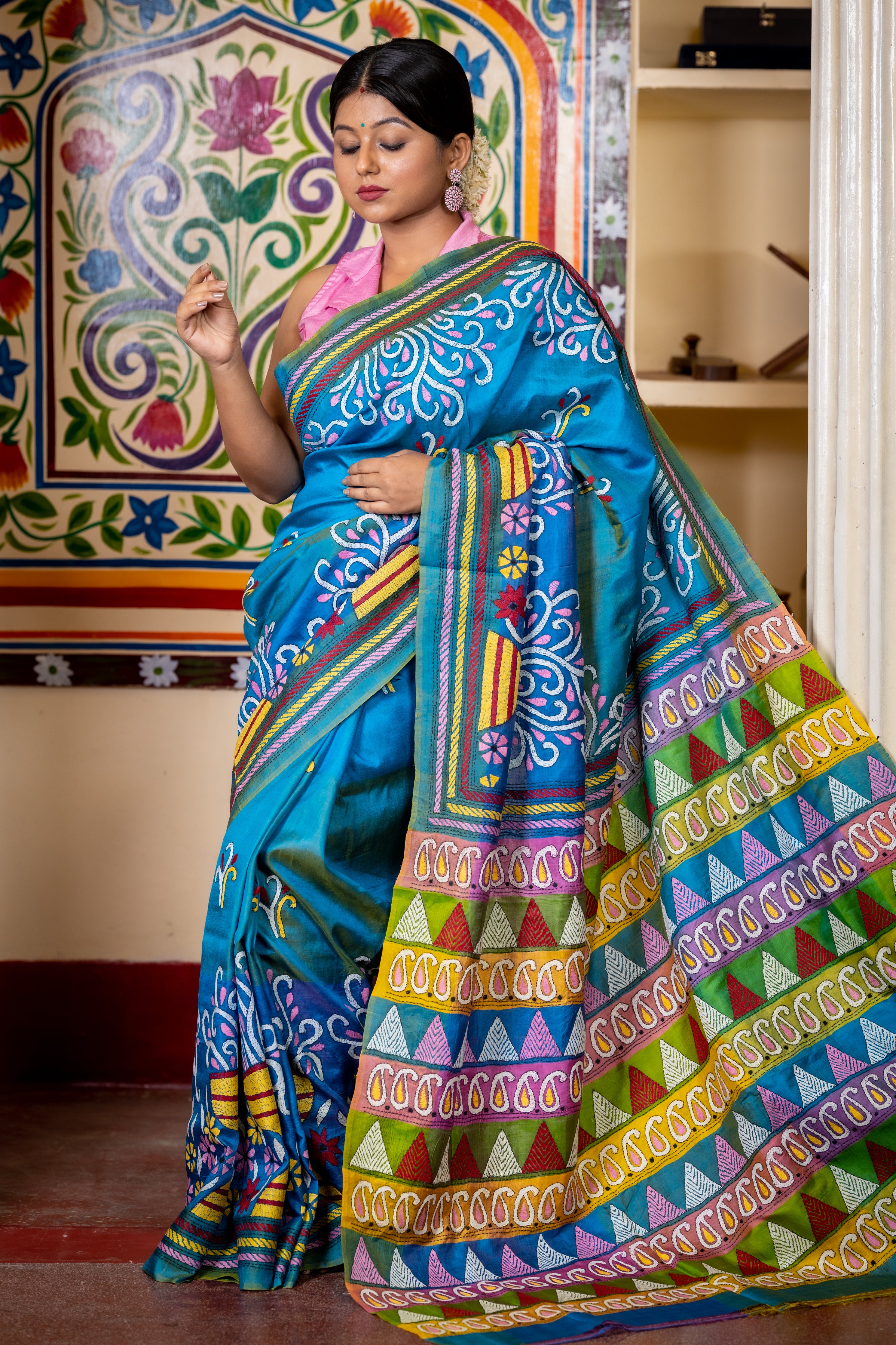 Ashima || Turquoise Blue & Peacock Blue shaded Pure Bishnupuri Silk Handloom Kantha Stitch Embroidery Saree with all over Multi-colour Floral motif and 'Temple-Kalka' design Pallu on 4D Colour Block Stripes