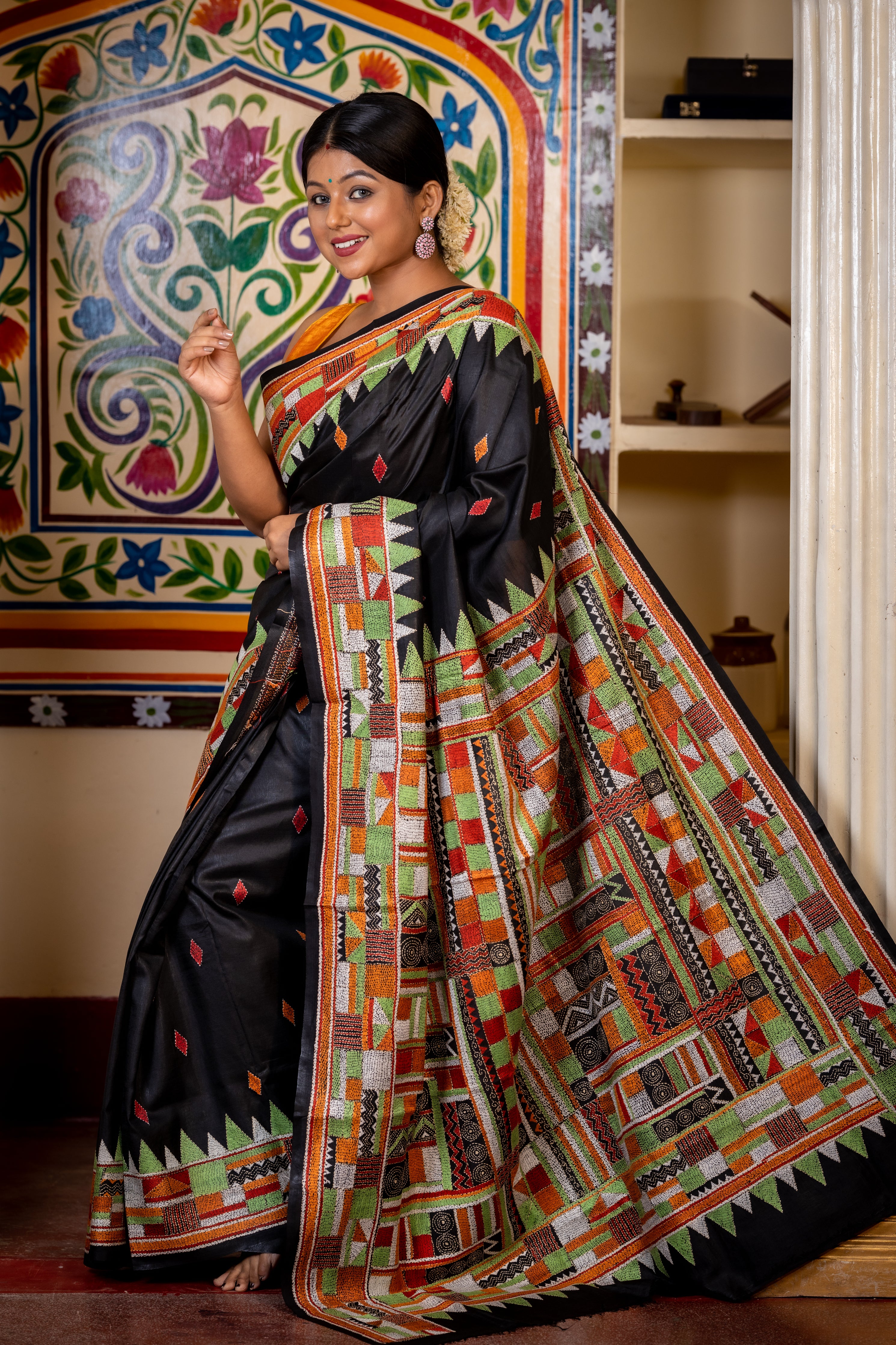 Krishnakali || Black Pure Bangalore Silk Kantha Stitch Embroidery Saree with all over Multi-colour Abstract design Buta, Border & Pallu