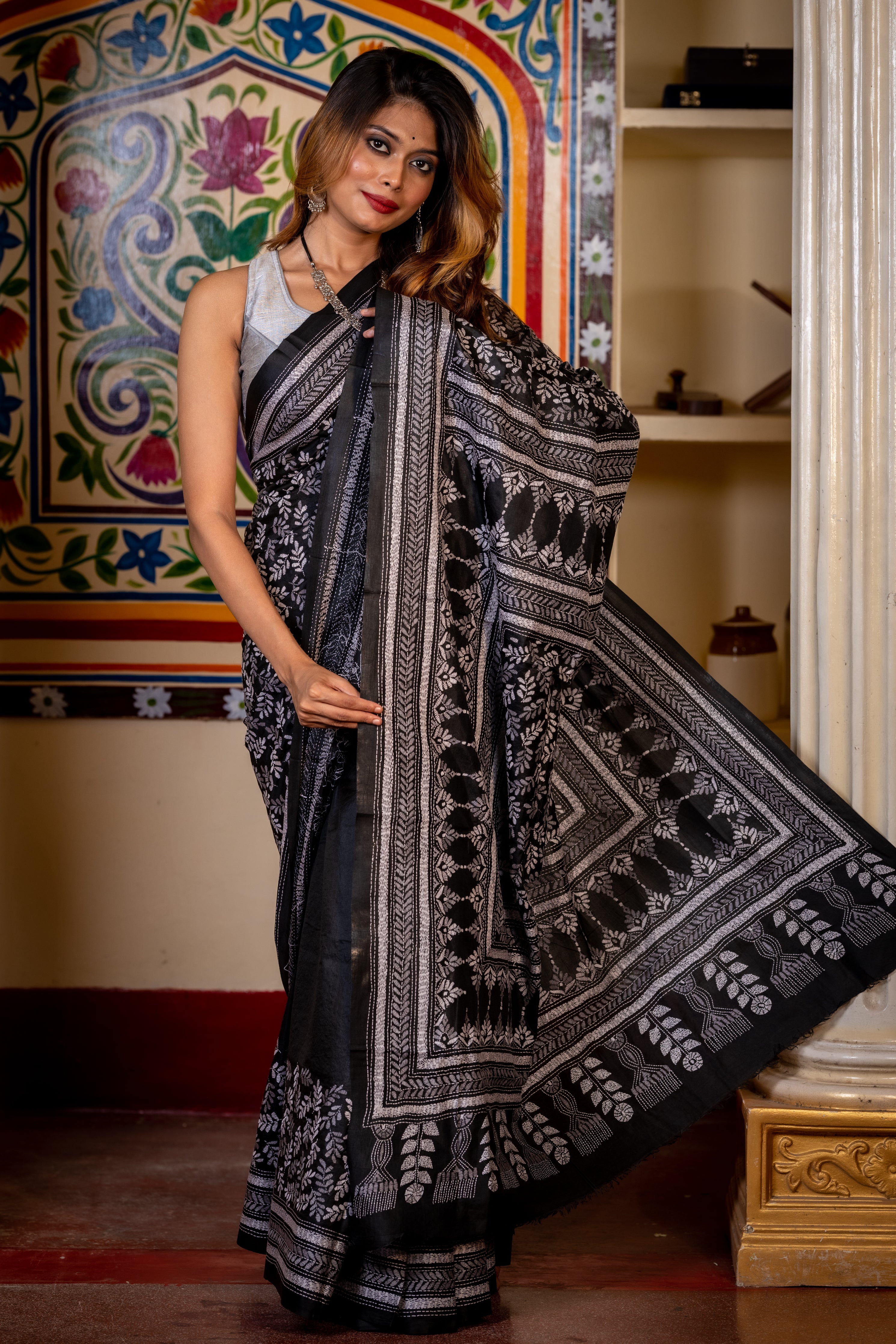 Sarala || Black Pure Bangalore Silk Kantha Stitch Embroidery Saree with all over Grey & Off-White Traditional Buta on Half-body, Border and Pallu