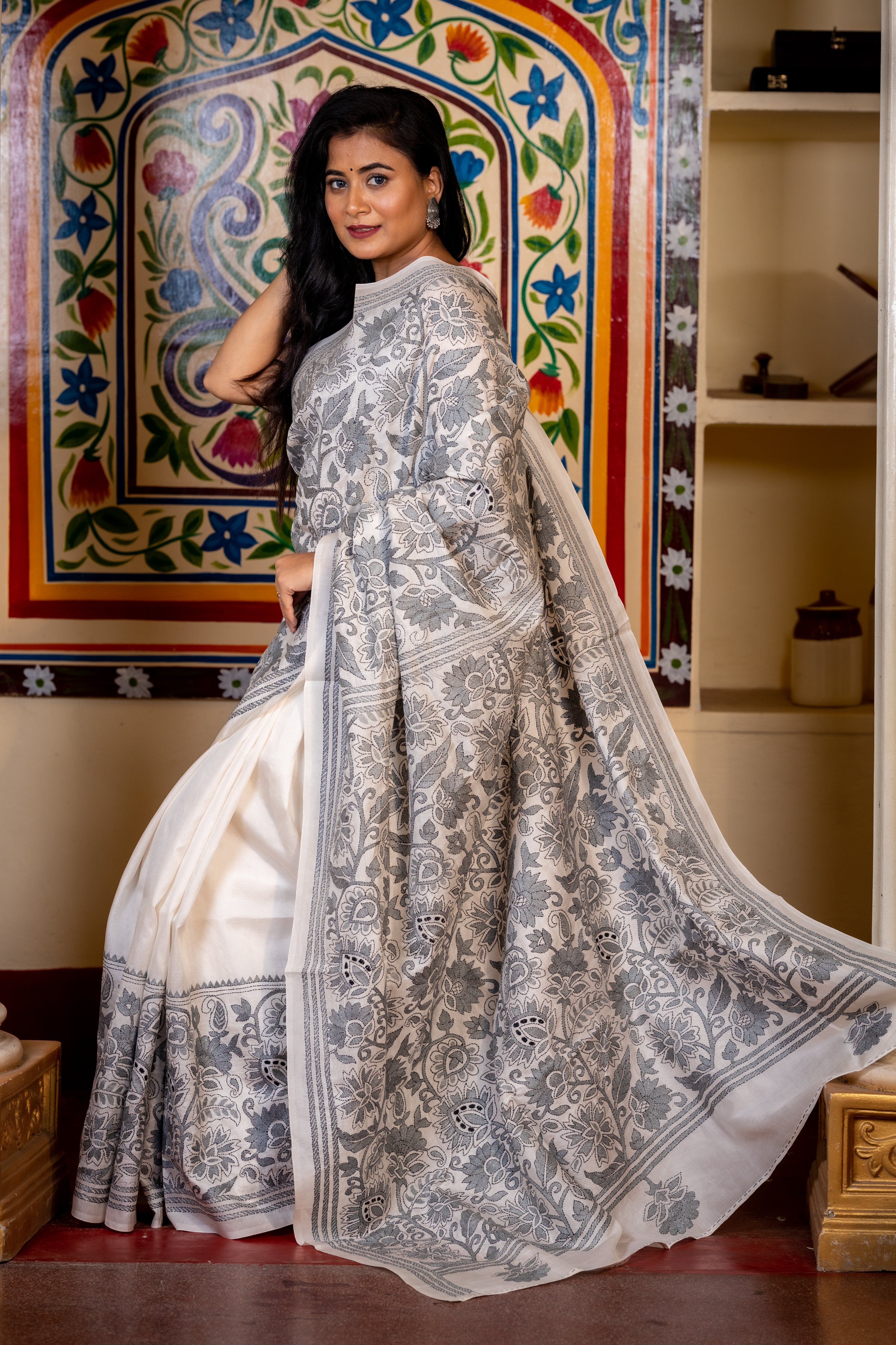 Bimala || White Pure Bangalore Silk Kantha Stitch Embroidery Saree with Grey & Black Floral motif Border, half body & Pallu