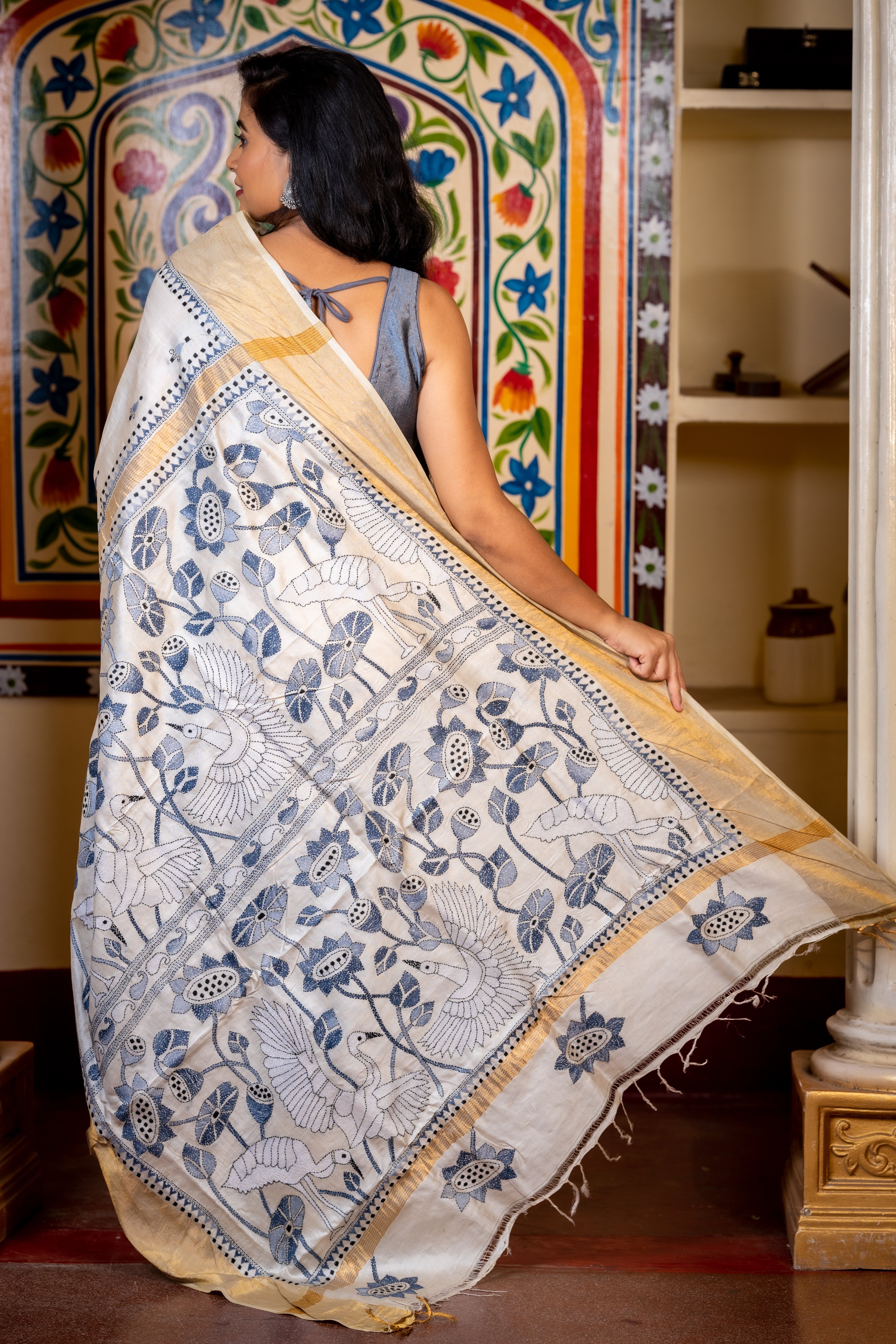 Saroshi || Off-White Pure Tussar Silk Handloom Kantha Stitch Embroidery Saree with all over Ice Blue, Grey & Denim Blue Resham Buta in Black Highlights and 'Lotus & Swan' motif Border & Pallu