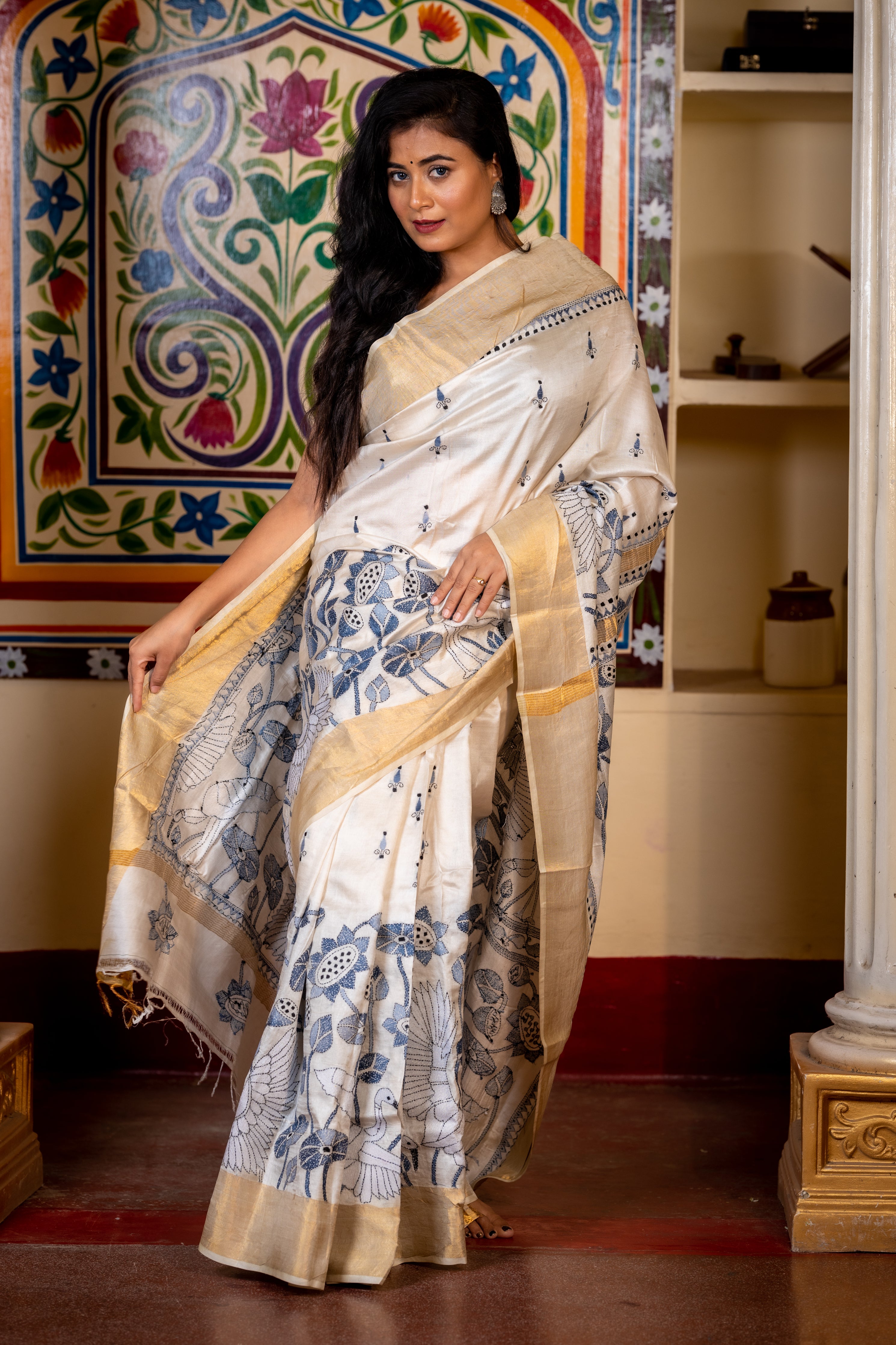 Saroshi || Off-White Pure Tussar Silk Handloom Kantha Stitch Embroidery Saree with all over Ice Blue, Grey & Denim Blue Resham Buta in Black Highlights and 'Lotus & Swan' motif Border & Pallu