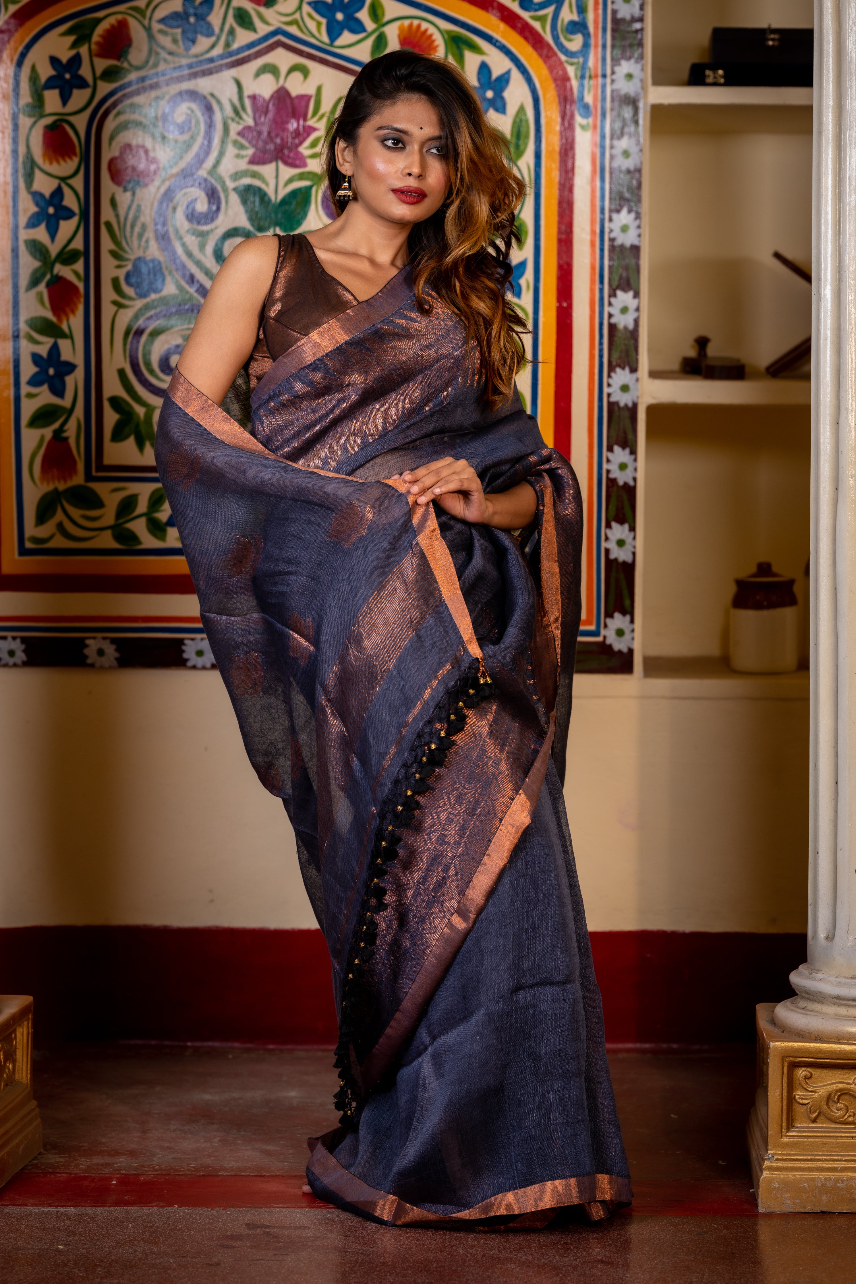 Indrani || Charcoal Blue Linen Bengal Handloom Saree with all over Copper Zari Buta, 'Temple' Border and 'Lotus' motif Pallu