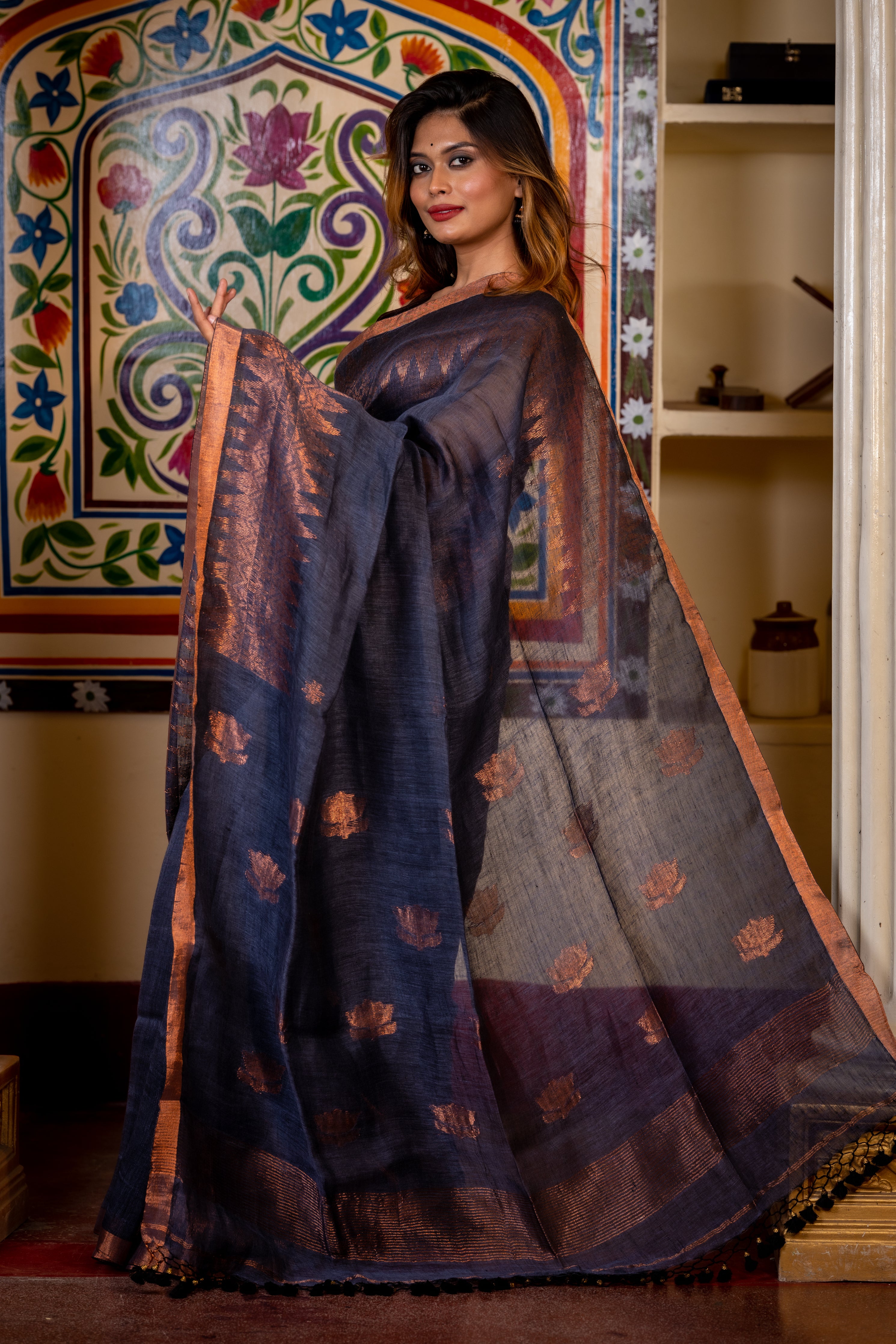 Indrani || Charcoal Blue Linen Bengal Handloom Saree with all over Copper Zari Buta, 'Temple' Border and 'Lotus' motif Pallu